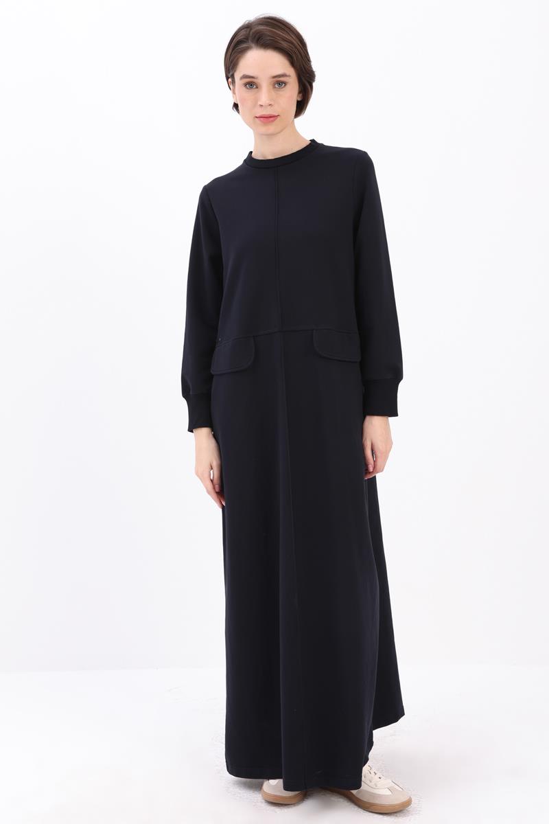 Nervürlü Cepli Örme Elbise