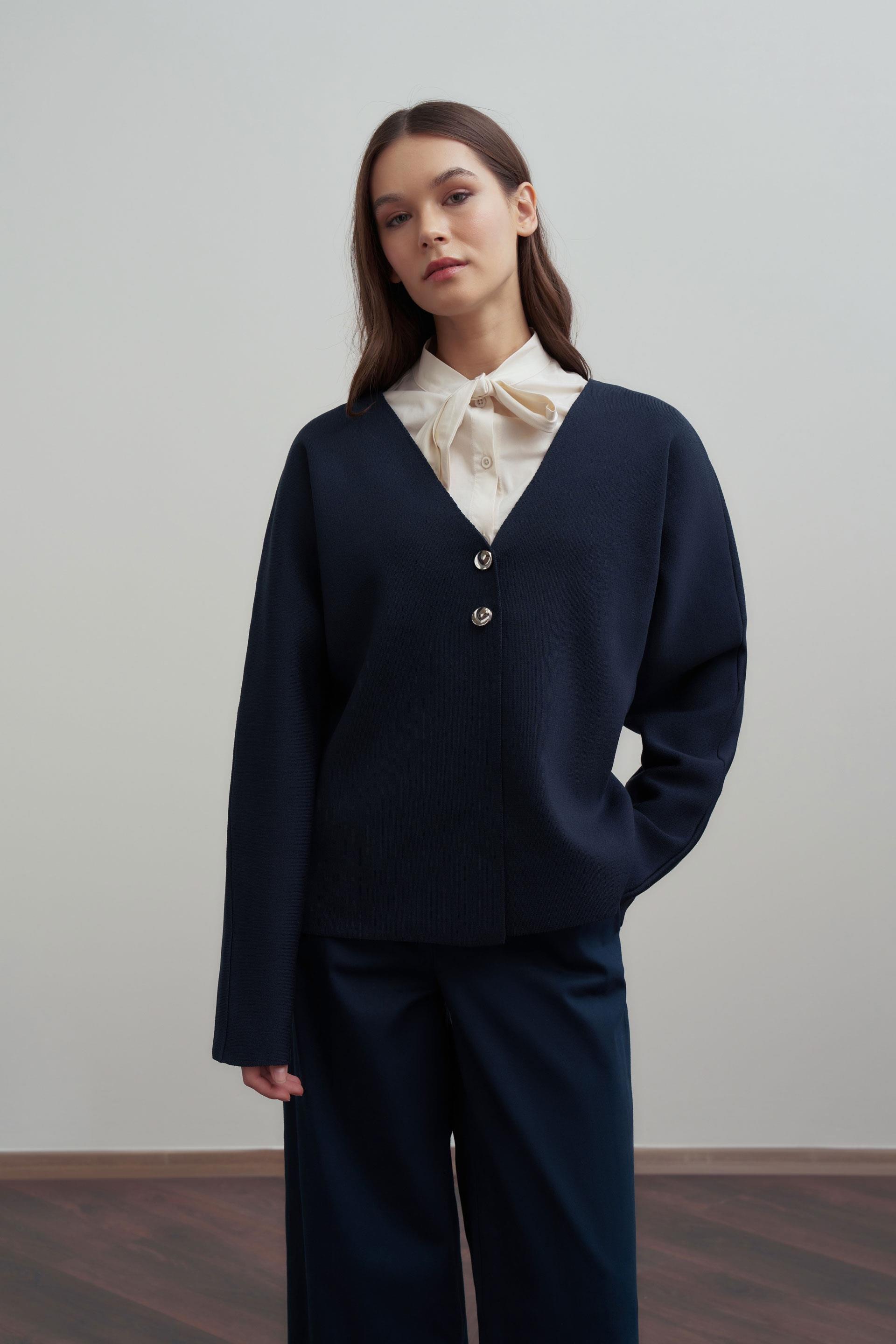 Lacivert-Dügmeli Triko Hırka