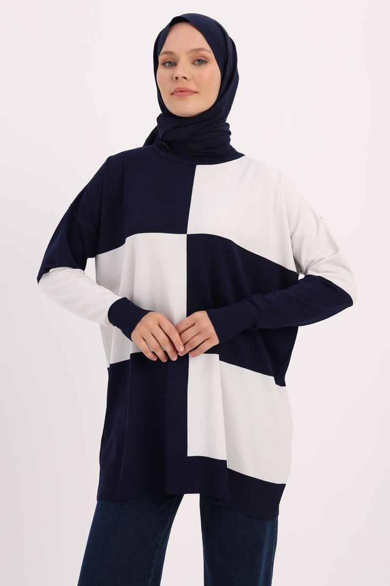 Çift Renkli Damalı Triko Tunik