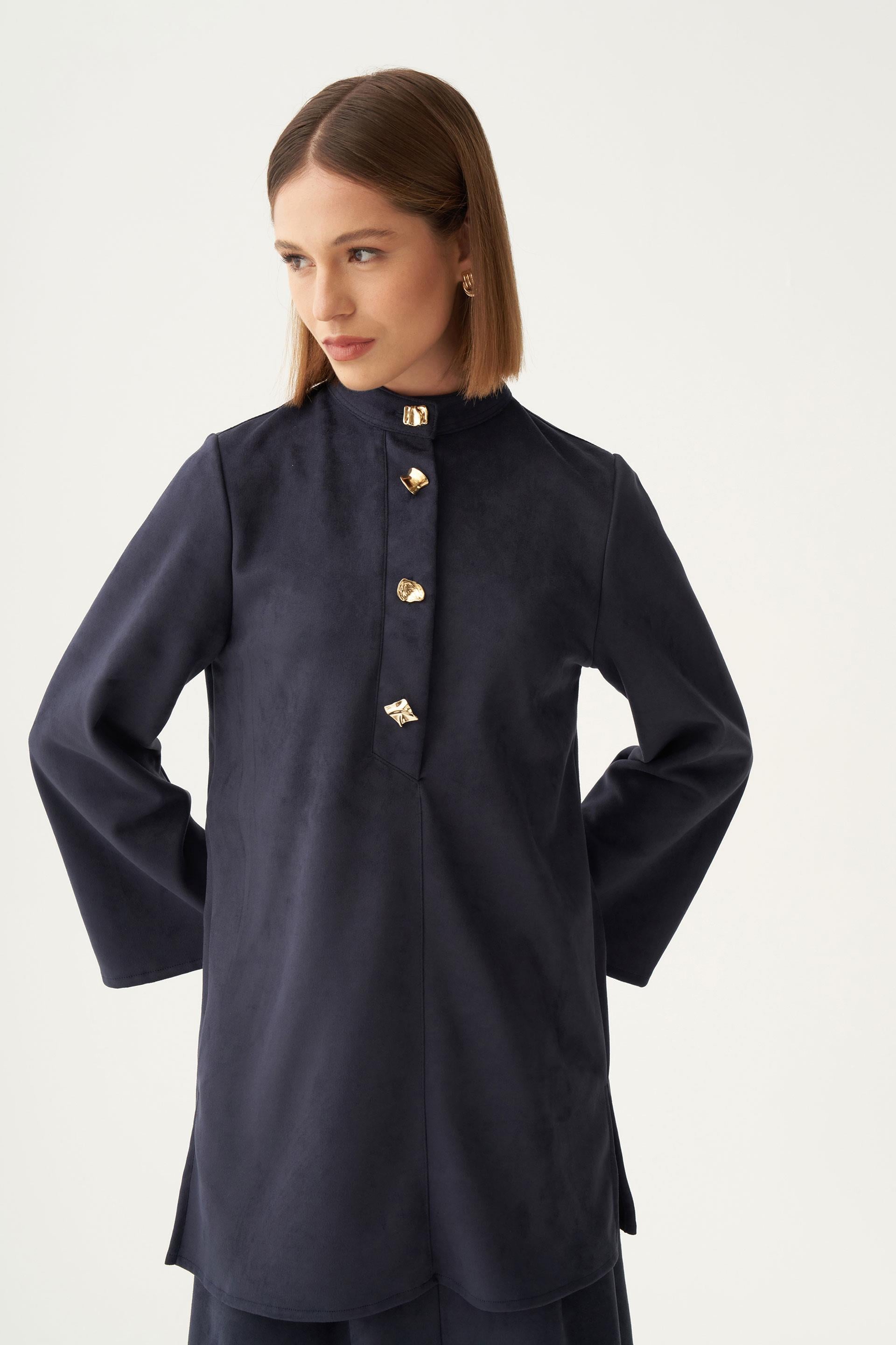 Lacivert-Gold Düğmeli Süet Tunik