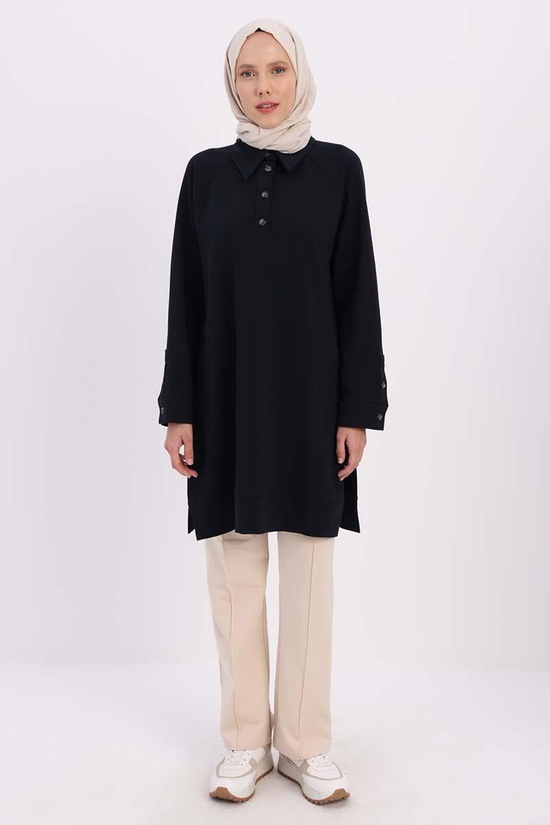 Shirt Collar Half Hidden Button Slit Tunic