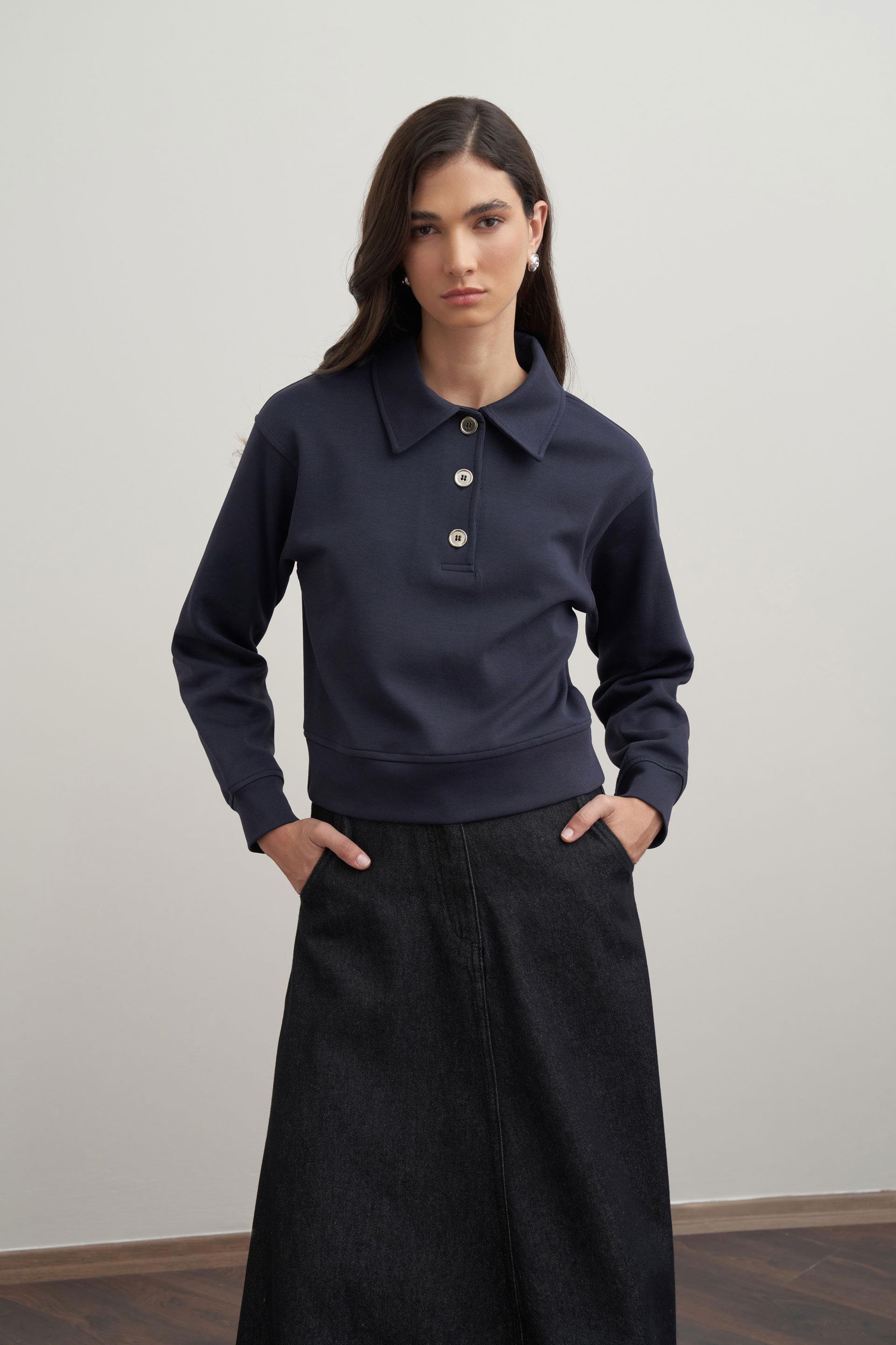 Lacivert-Gömlek Yakalı İnterlok Sweatshırt