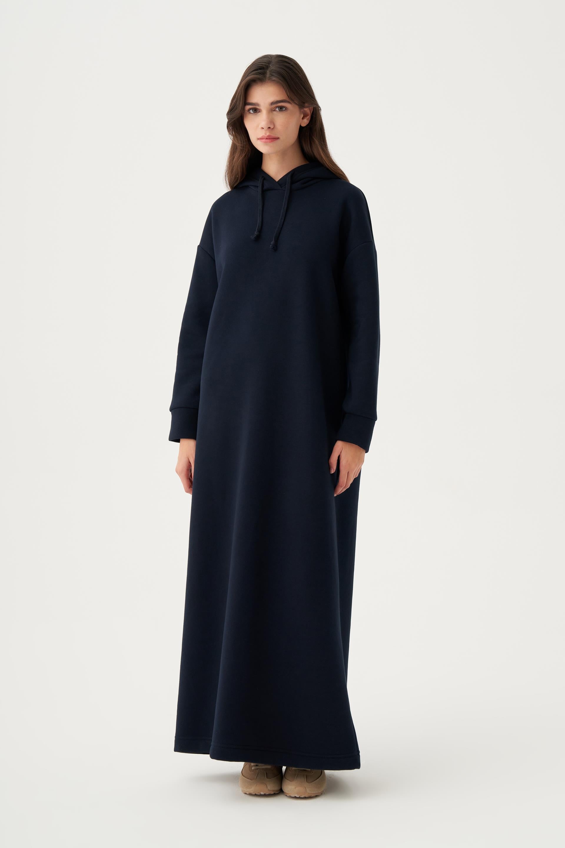 Lacivert-Kapüşonlu Basic Elbise