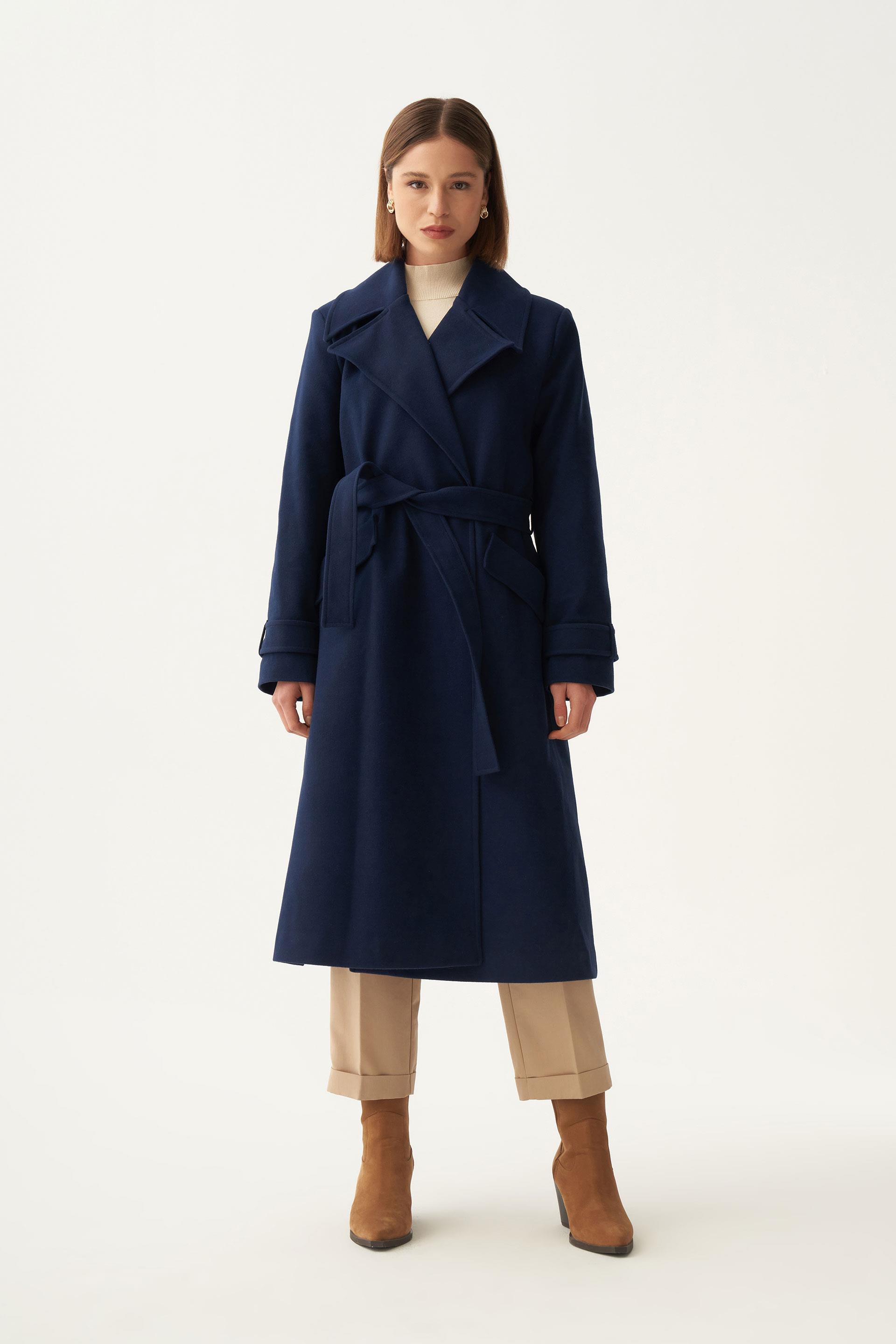 Lacivert-Kruvaze Düğmeli Uzun Kaban