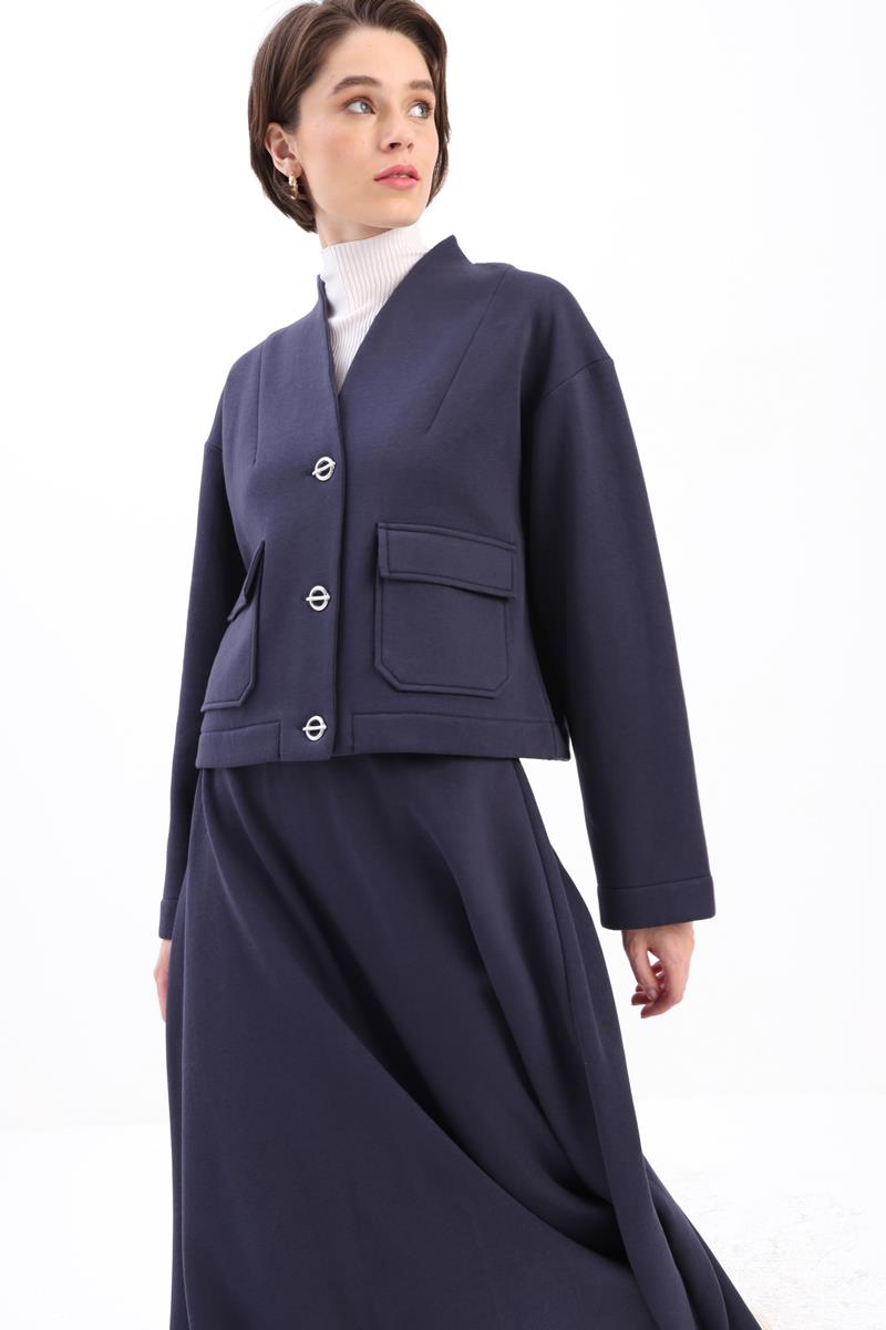 Lacivert-METAL DÜĞMELİ ŞARDONLU ETEKLİ TAKIM