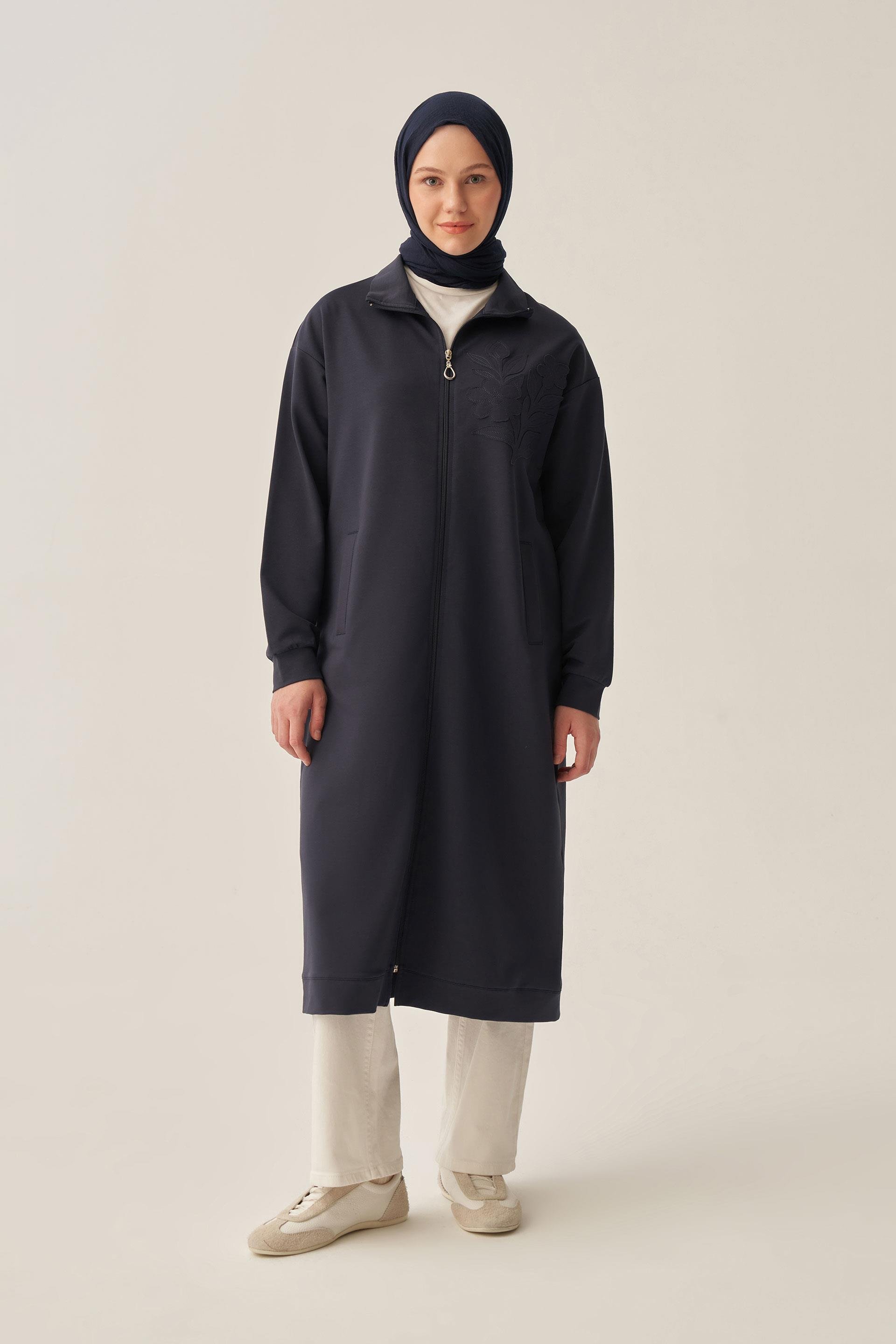 Lacivert-Pamuklu Aplike Detaylı Fermuarlı Sweat