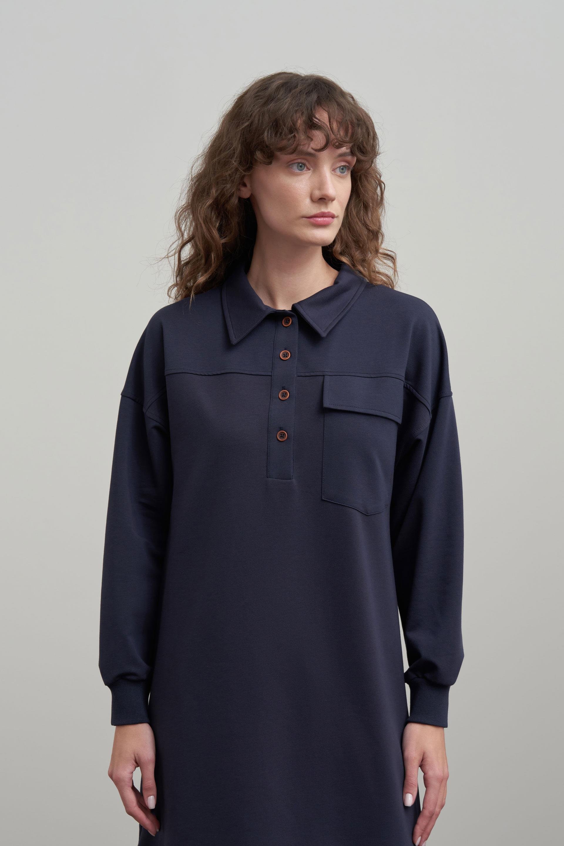 Lacivert-Pamuklu Cep Detaylı Tunik