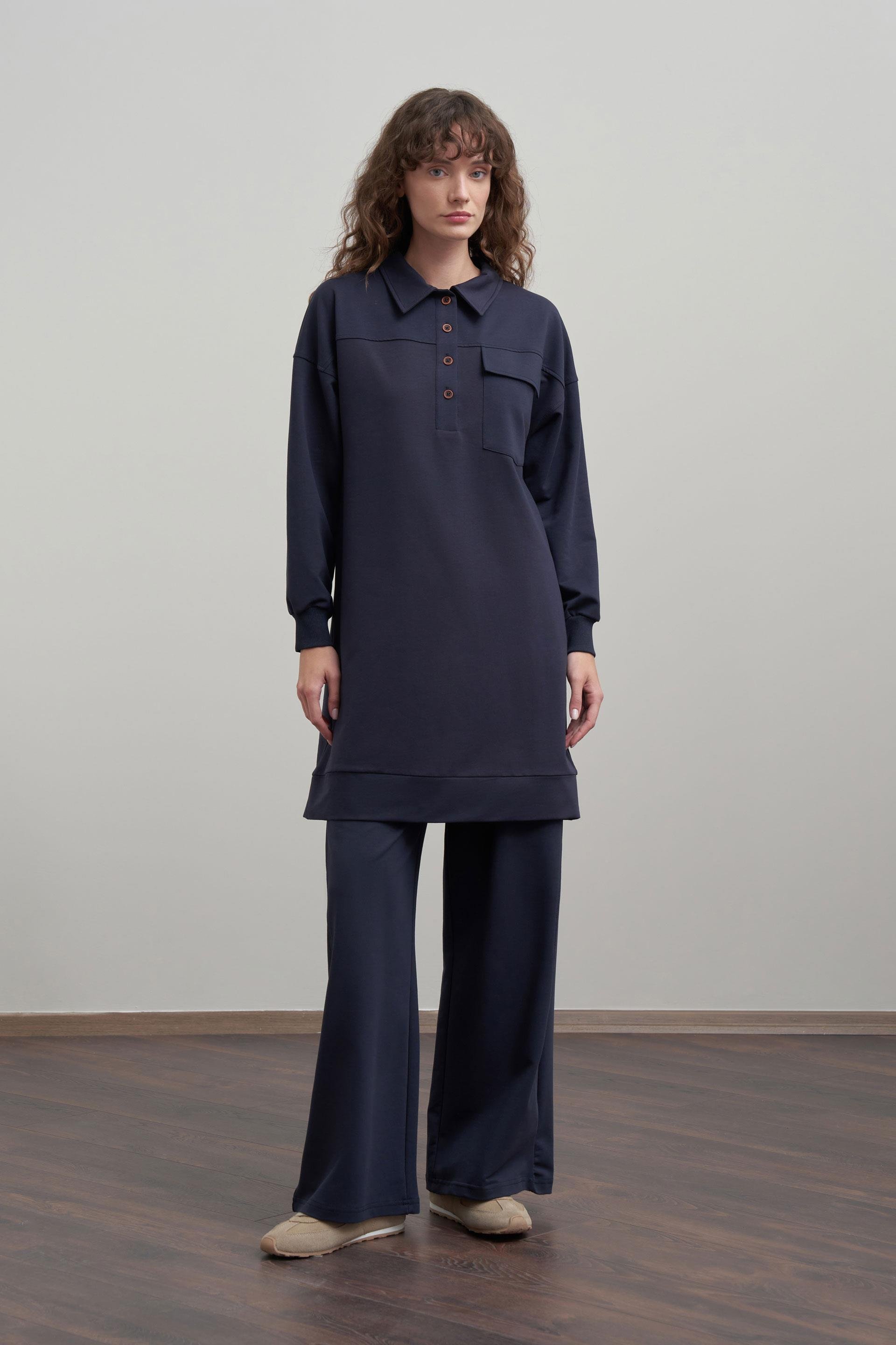 Lacivert-Pamuklu Cep Detaylı Tunik