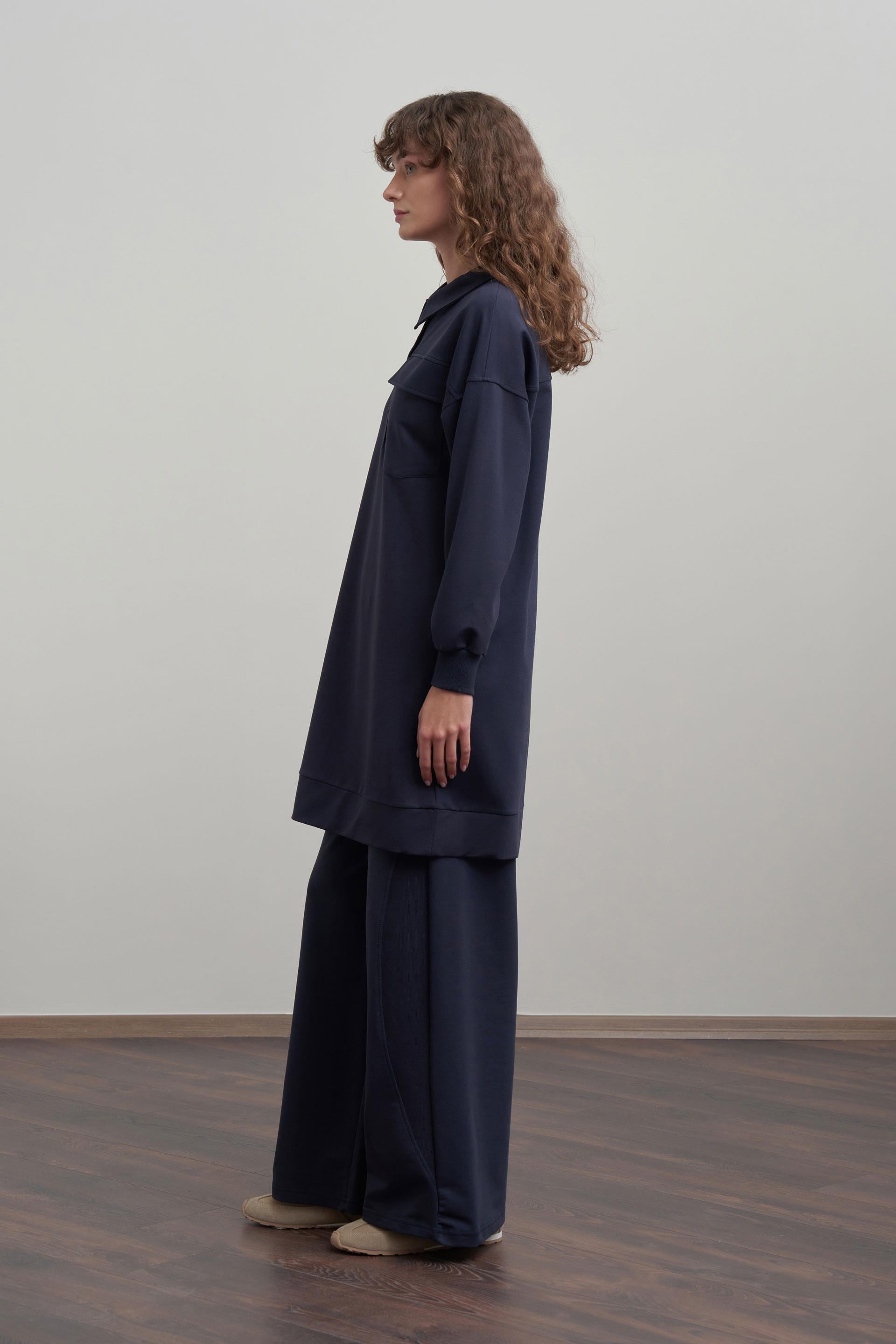 Lacivert-Pamuklu Cep Detaylı Tunik