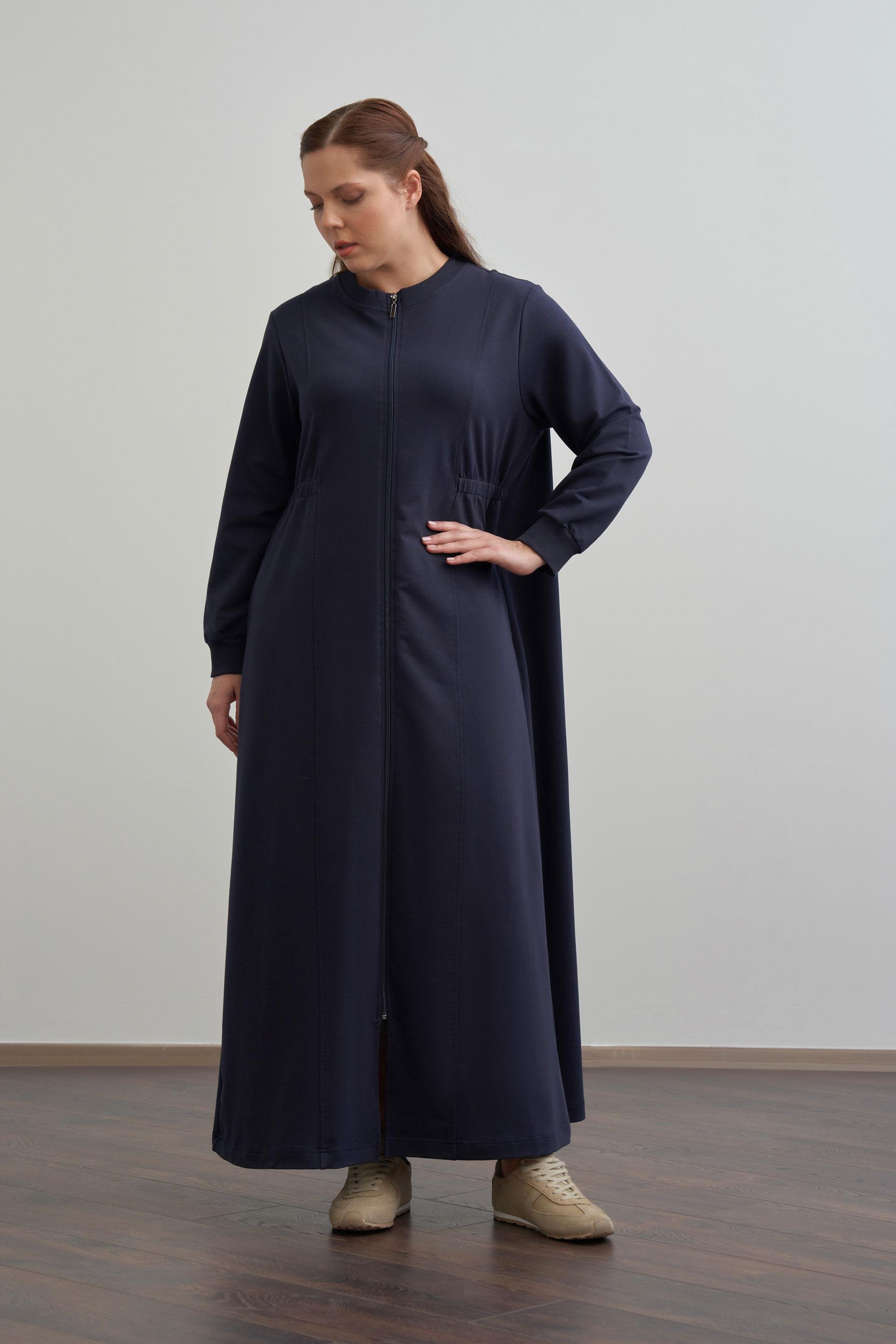 Lacivert-Pamuklu Fermuarlı Uzun Ferace
