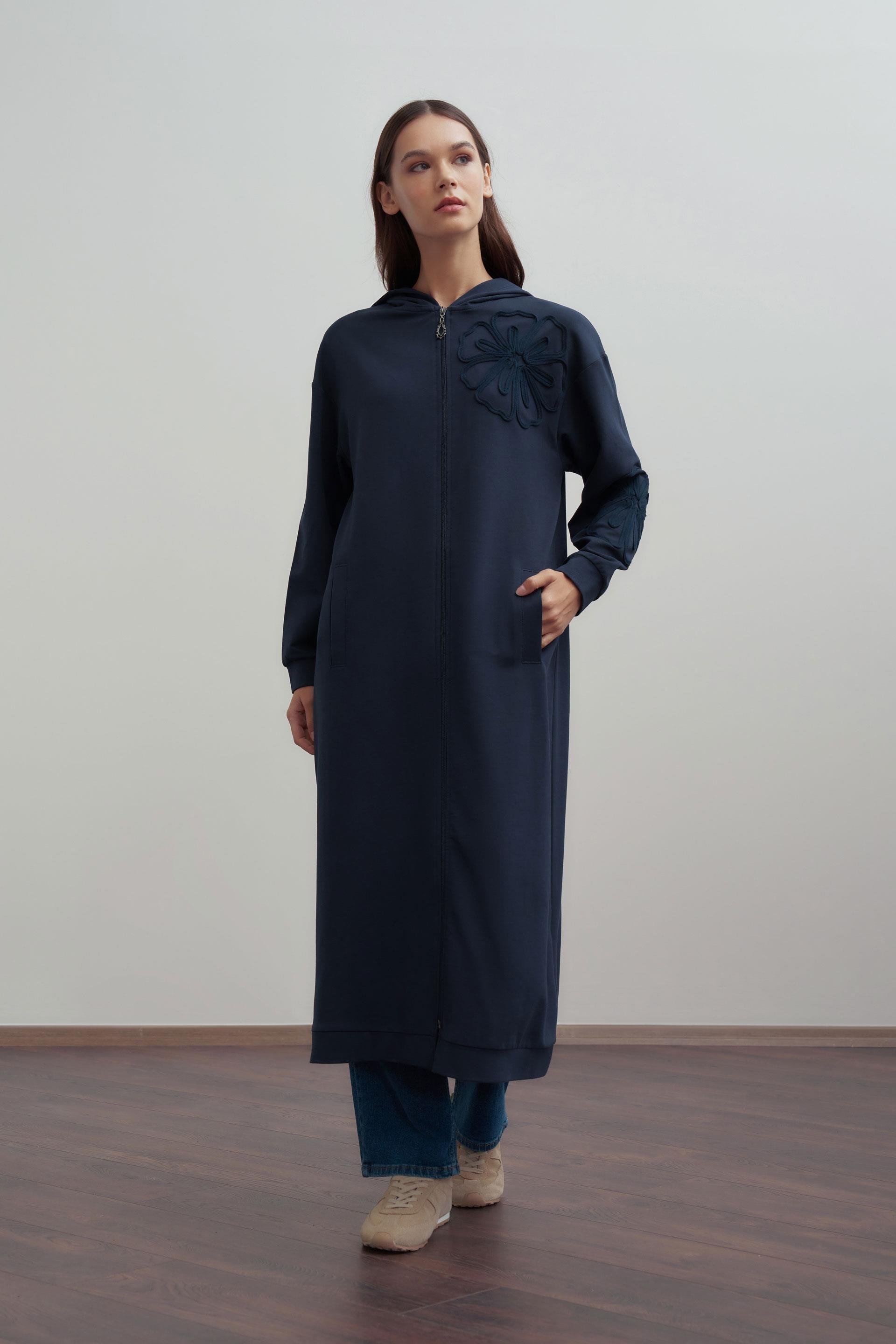 Lacivert-Pamuklu Nakışlı Fermuarlı Sweat Hırka