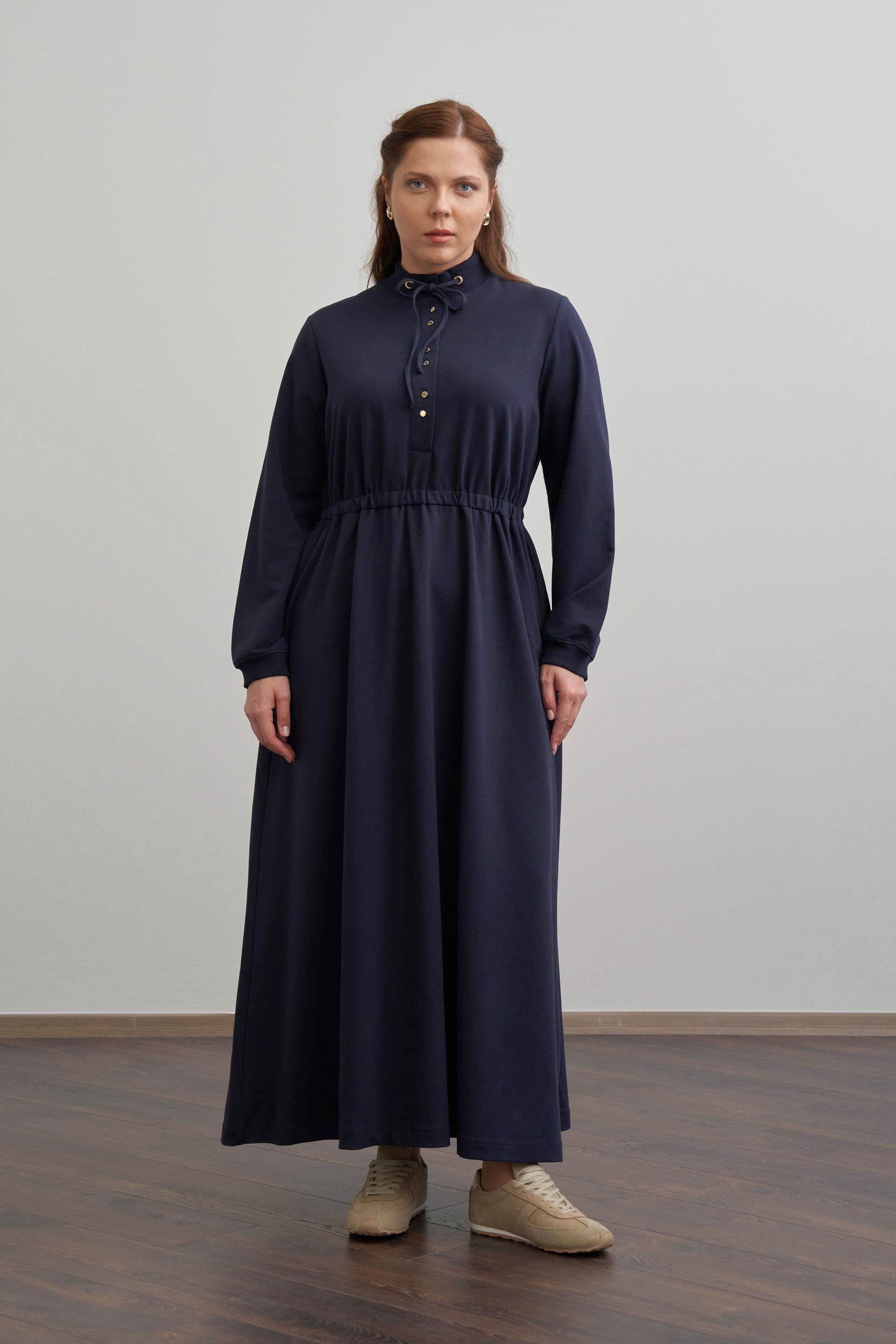 Lacivert-Pamuklu Yarım Patlı Elbise