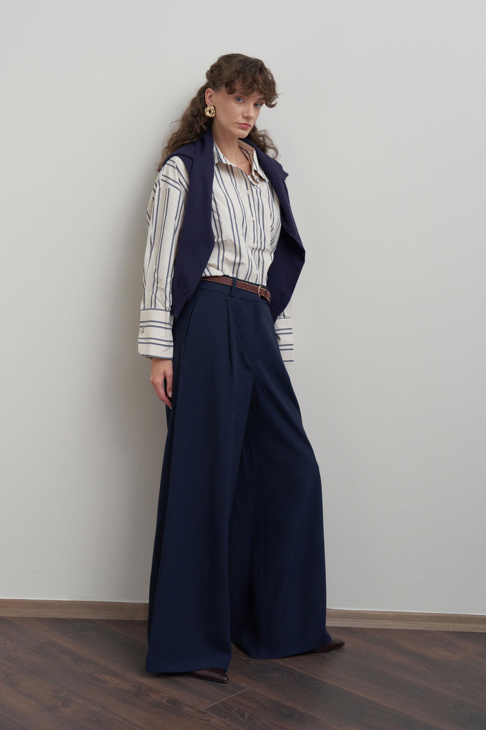 Lacivert-Pileli Polyviscon Pantolon