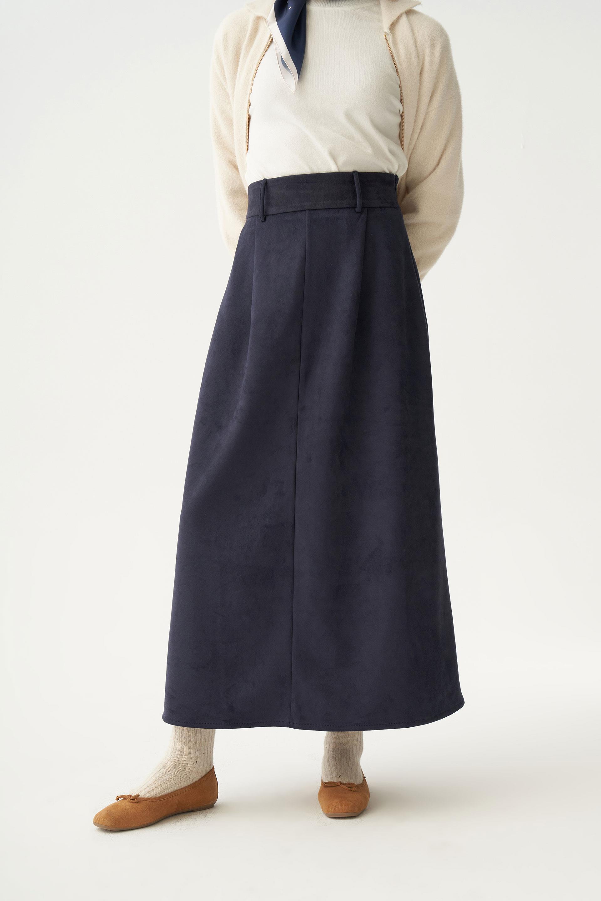 Lacivert-Pili Detaylı Scuba Süet Etek