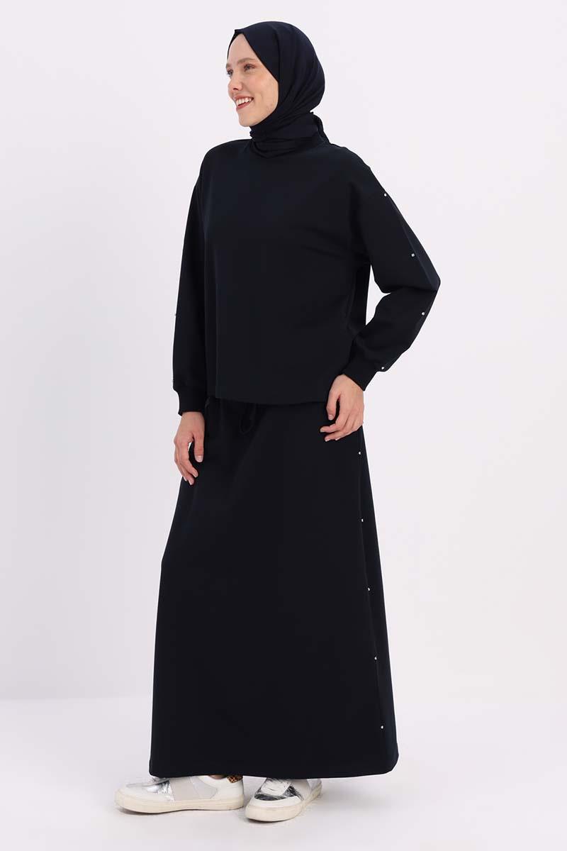 Lacivert-Taşlı Etekli Takım