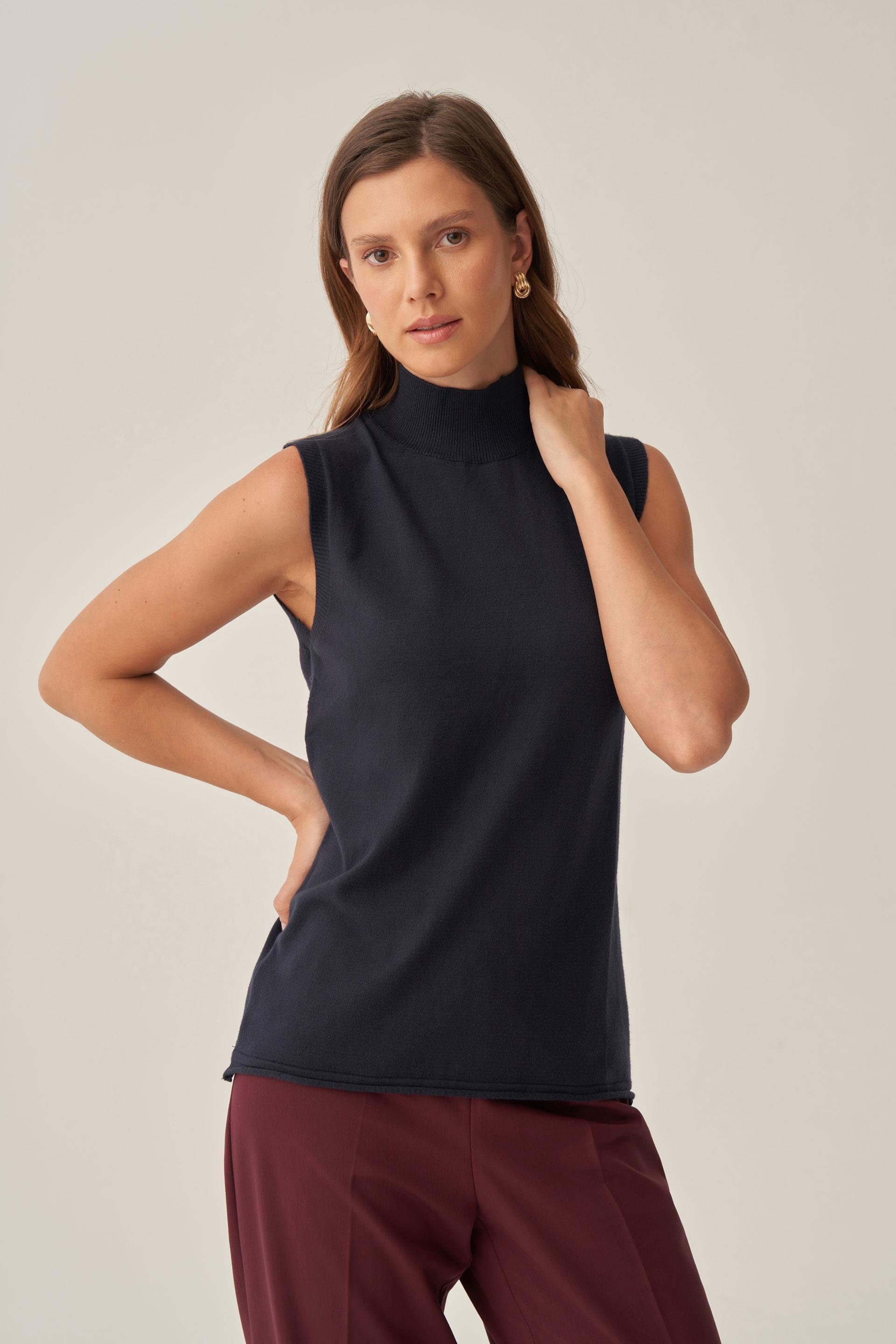 Lacivert-Yarım Balıkçı Kolsuz Kazak