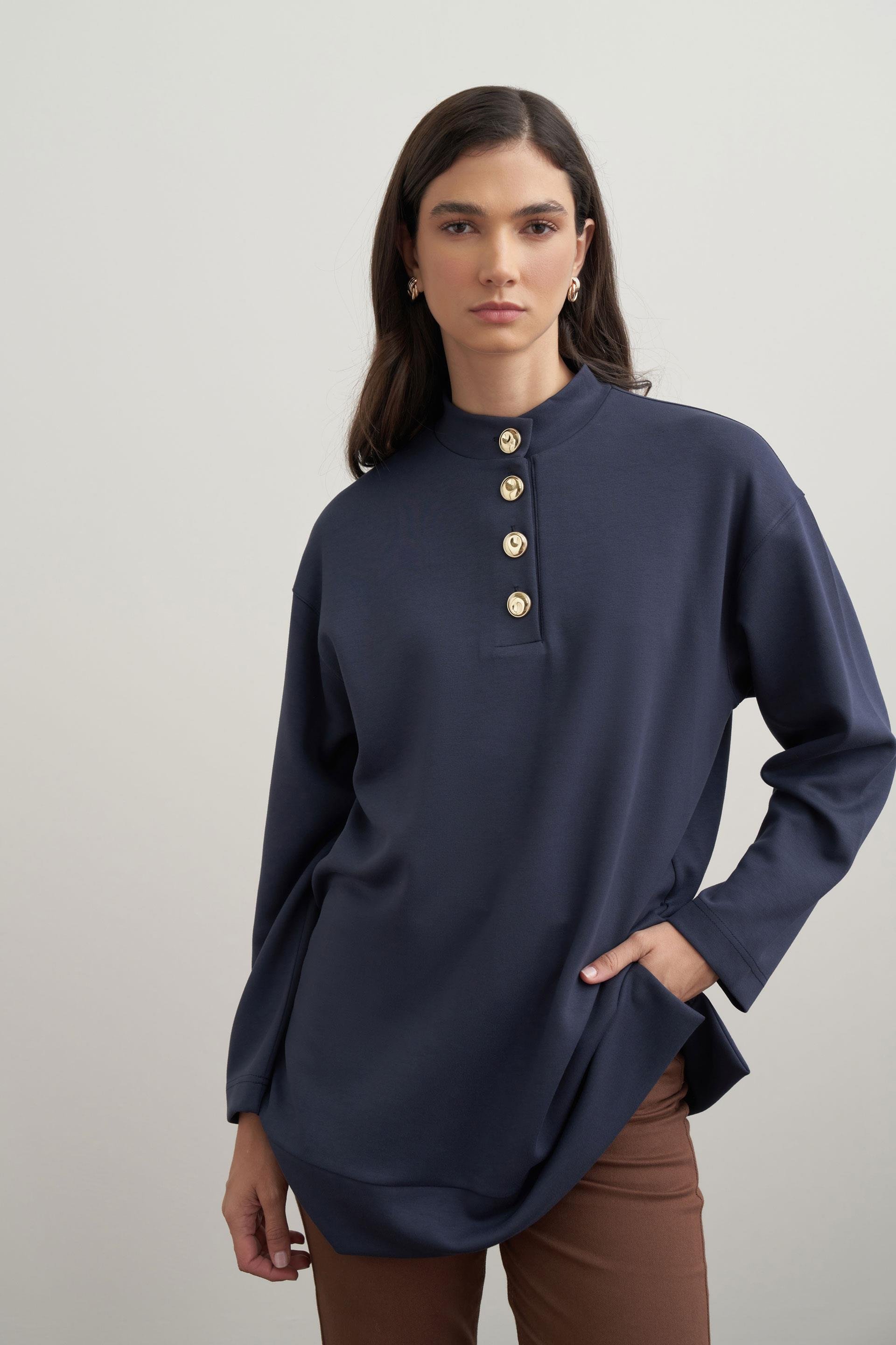 Lacivert-Yumuşak Dokulu Gold Düğmeli Tunik