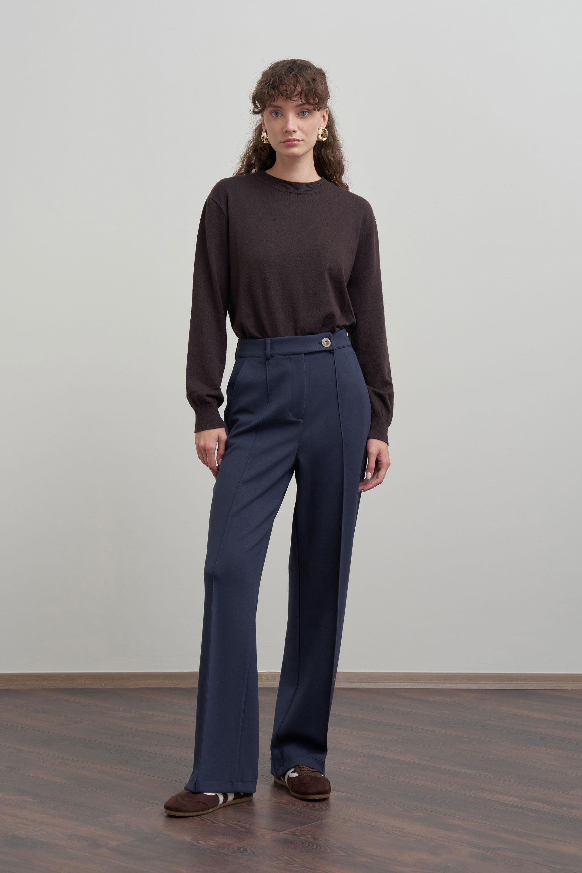 Lacivert-Yumuşak Dokulu Palazzo Pantolon