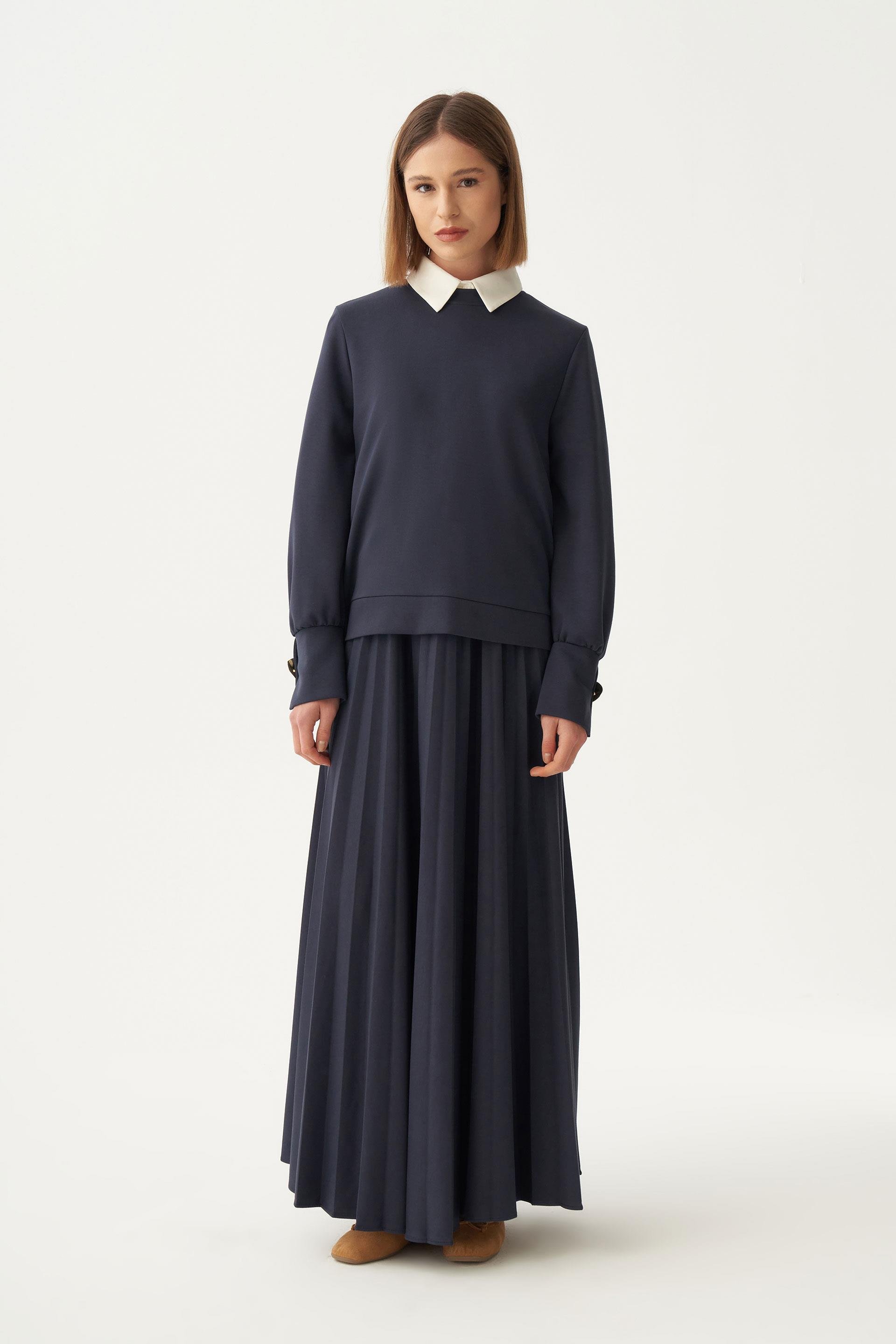 Lacivert-Yumuşak Dokulu Pliseli Şık Etekli Takım