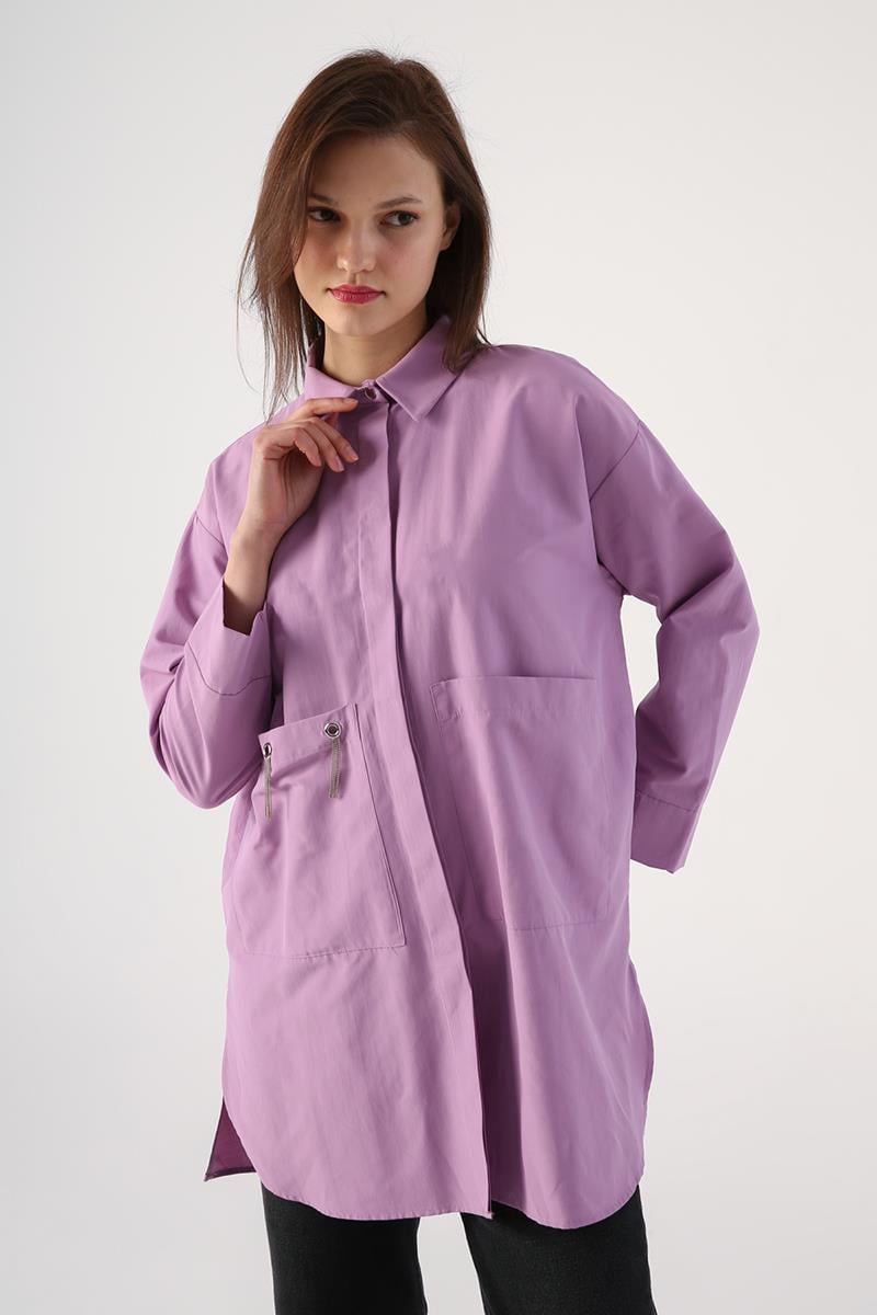 Büyük Cepli Kuşgözlü Oversize Gömlek