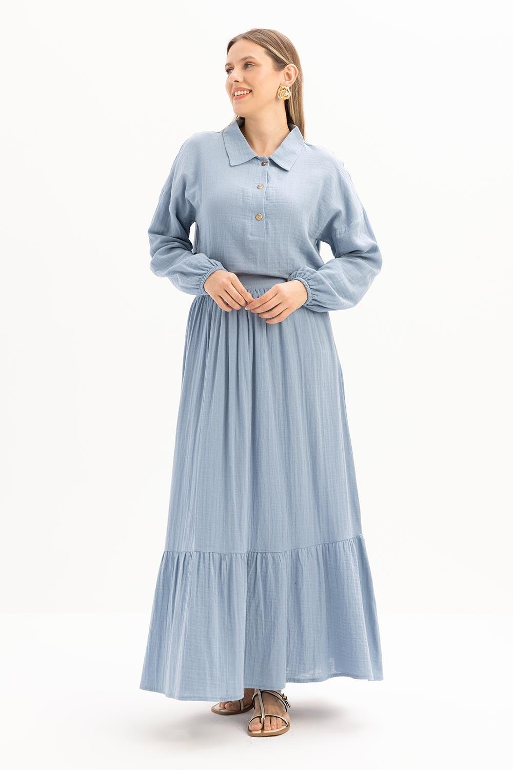 Mavi-%100 Pamuklu Kloş Etek