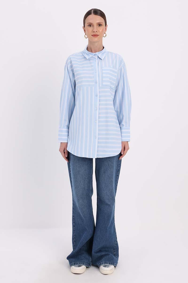Mavi-Beyaz-ÇİZGİLERİ KARMA GARNİLİ GÖMLEK TUNİK