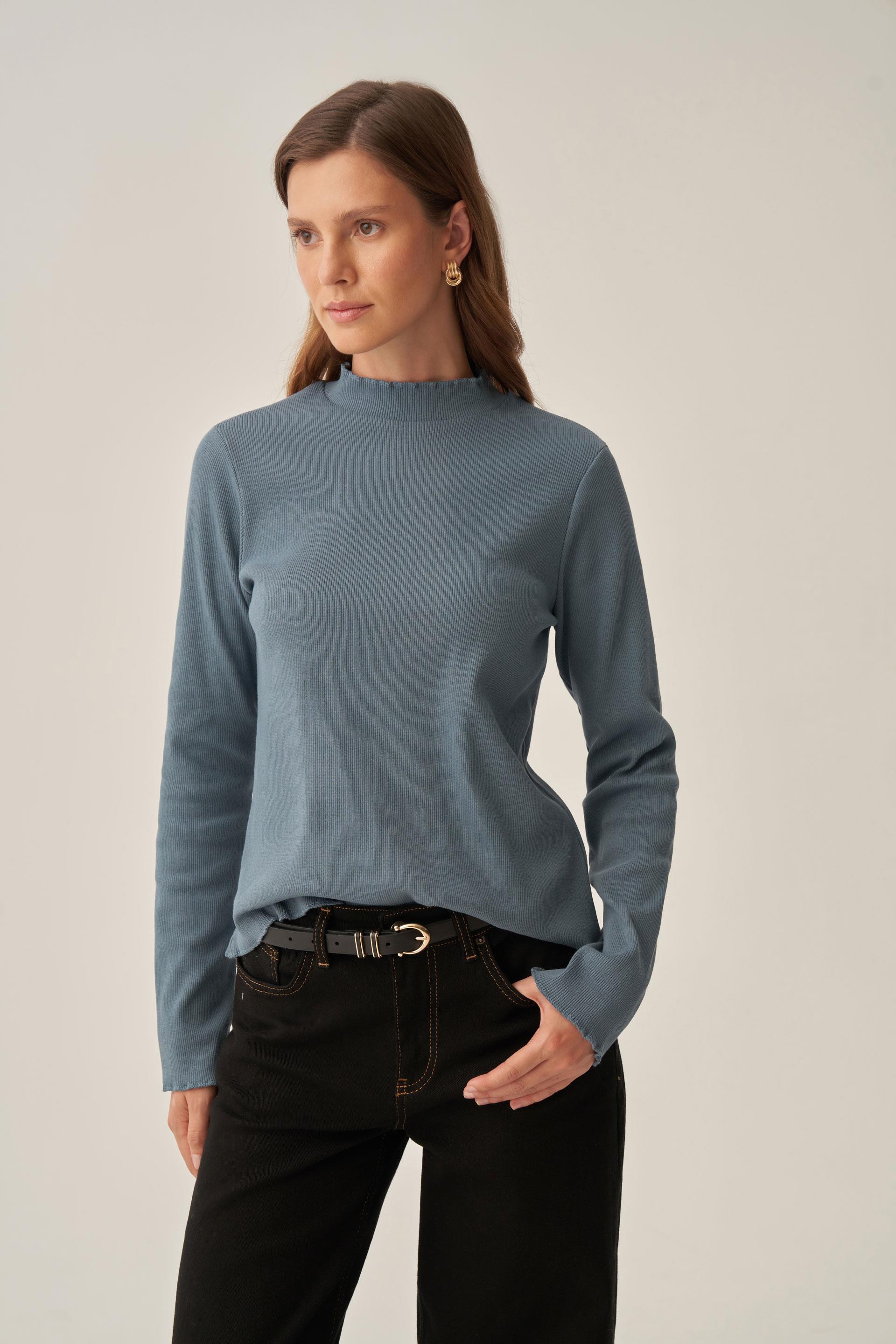 Mavi-Dik Yaka Uzun Kollu Body