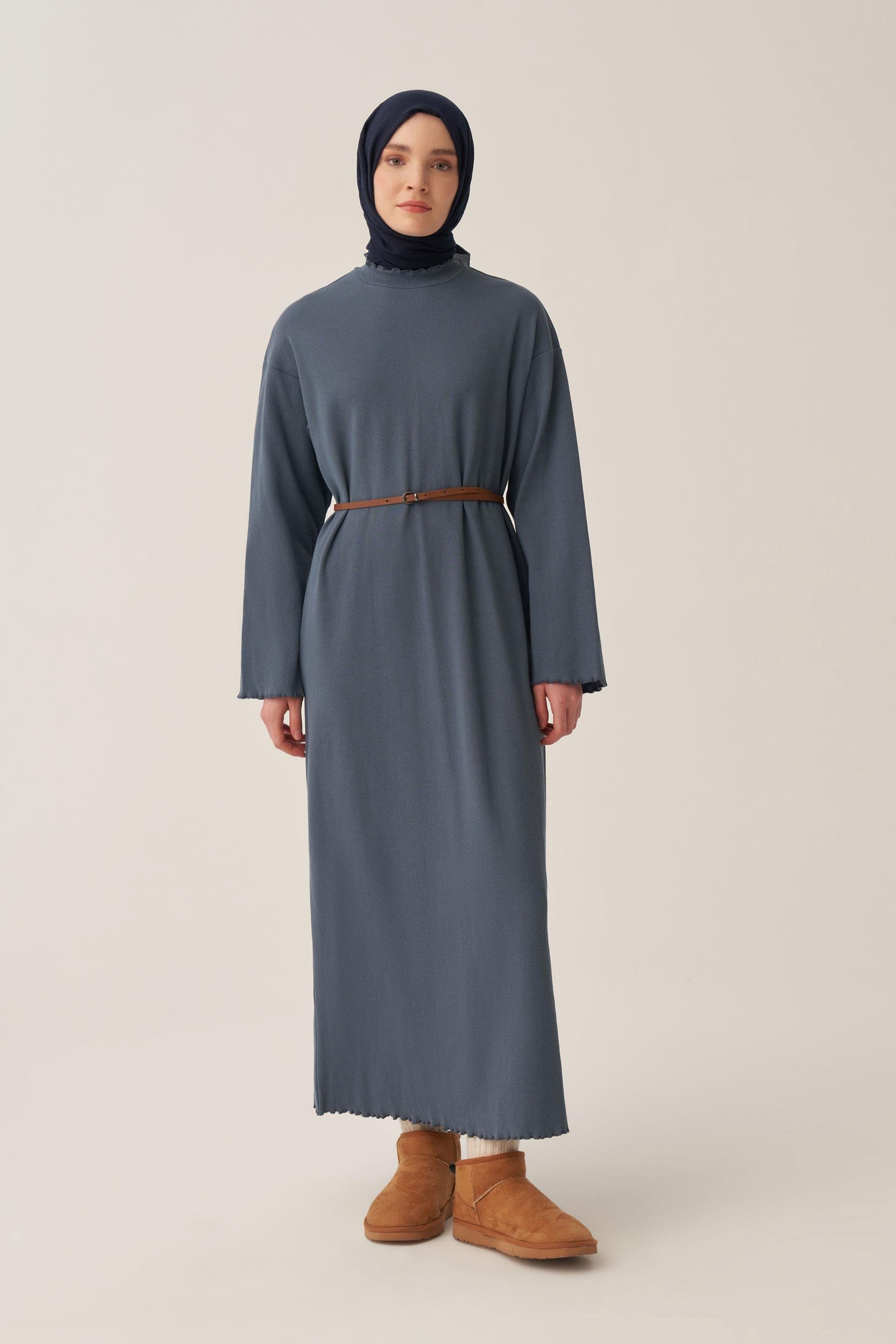 Mavi-Fırfır Detaylı Kaşkorse Elbise