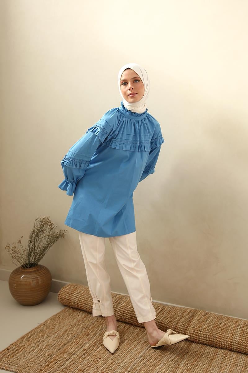%100 Pamuk Fırfır Detaylı Oversize Tunik
