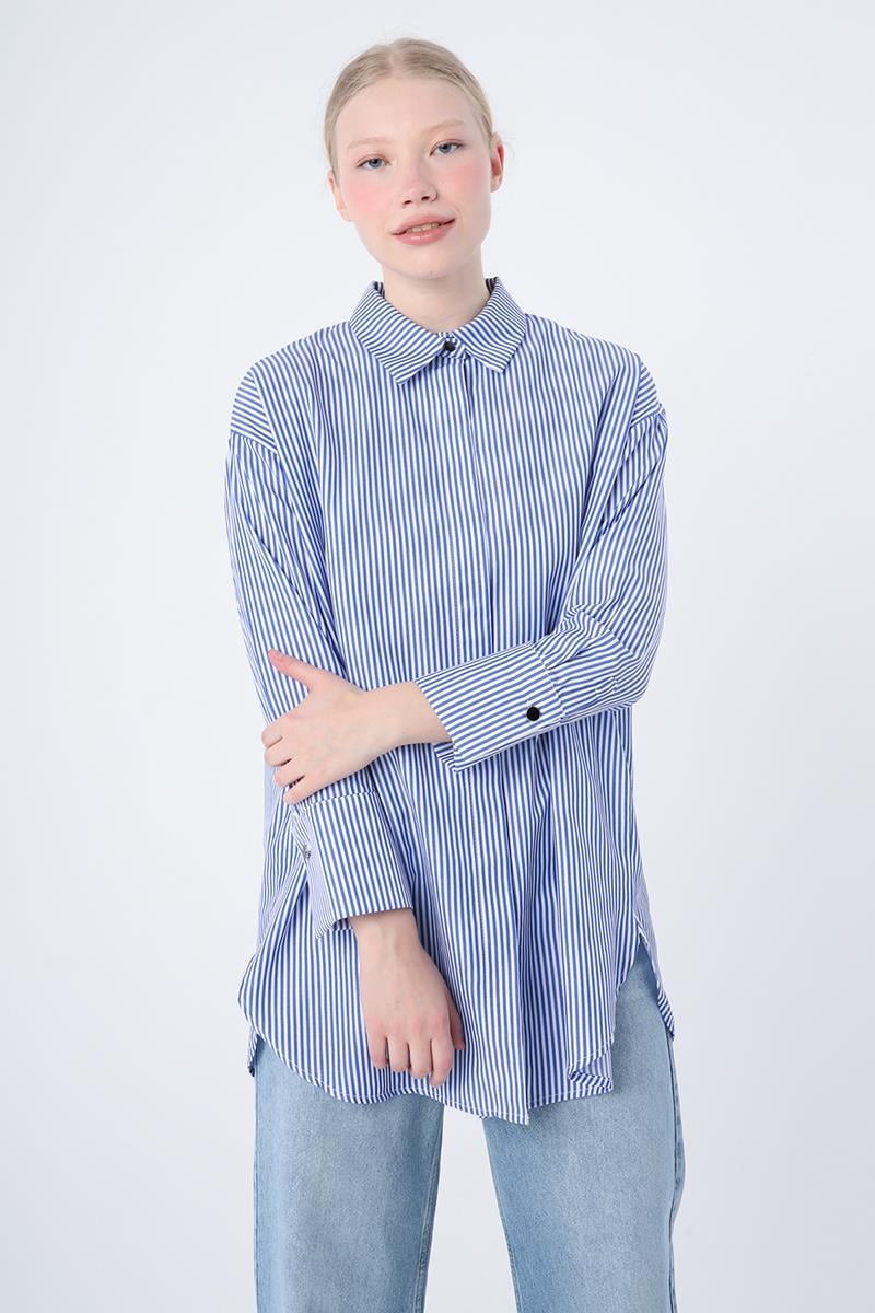 Mavi-Gizli Patlı Yırtmaçlı Gömlek