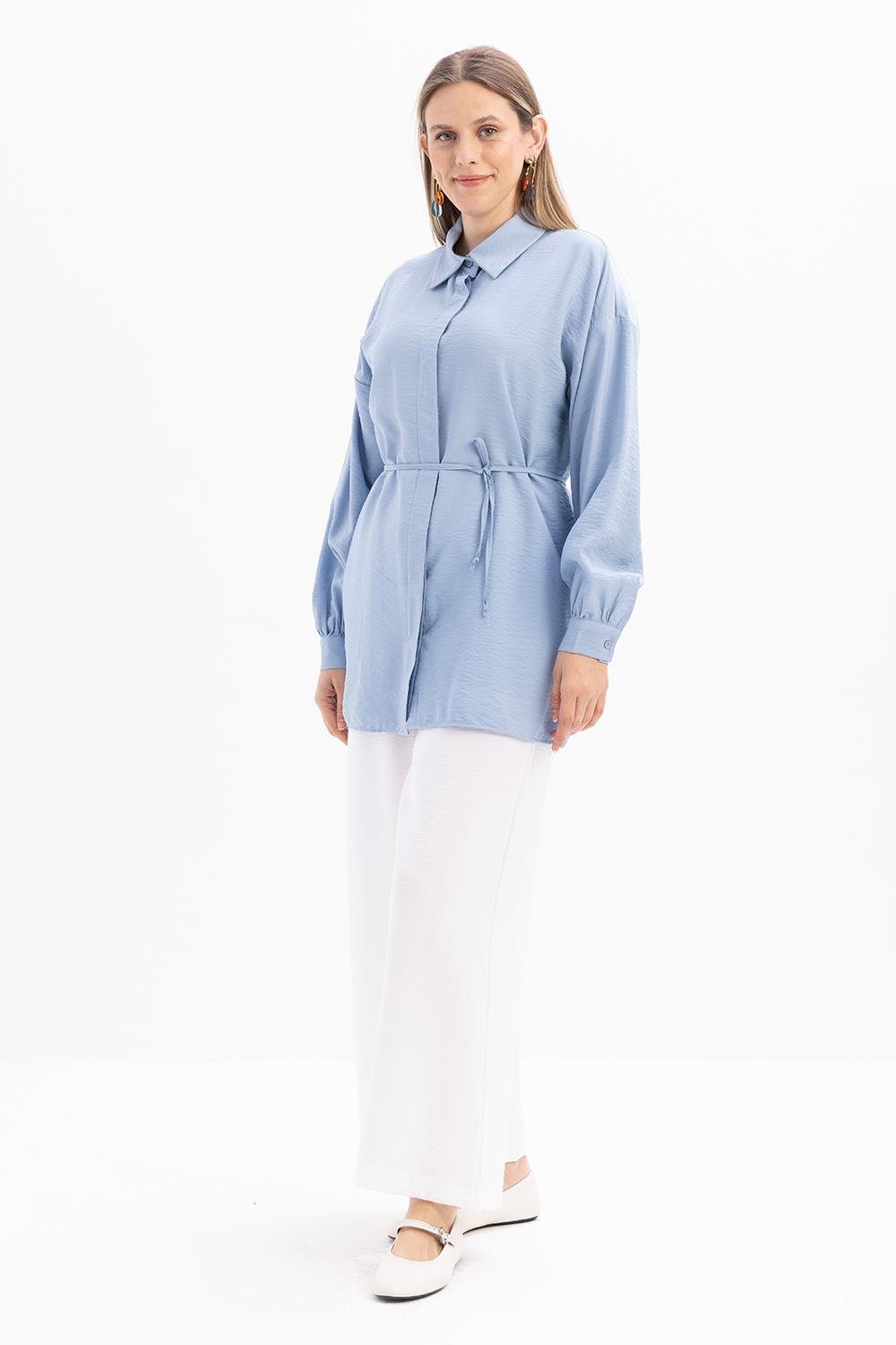 Mavi-İnce Kemerli Gömlek Tunik