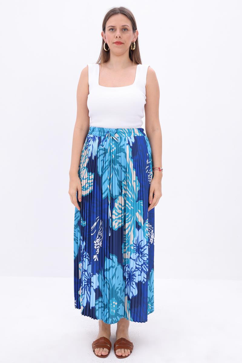 Patterned Pleated Skirt With Elastic Waist