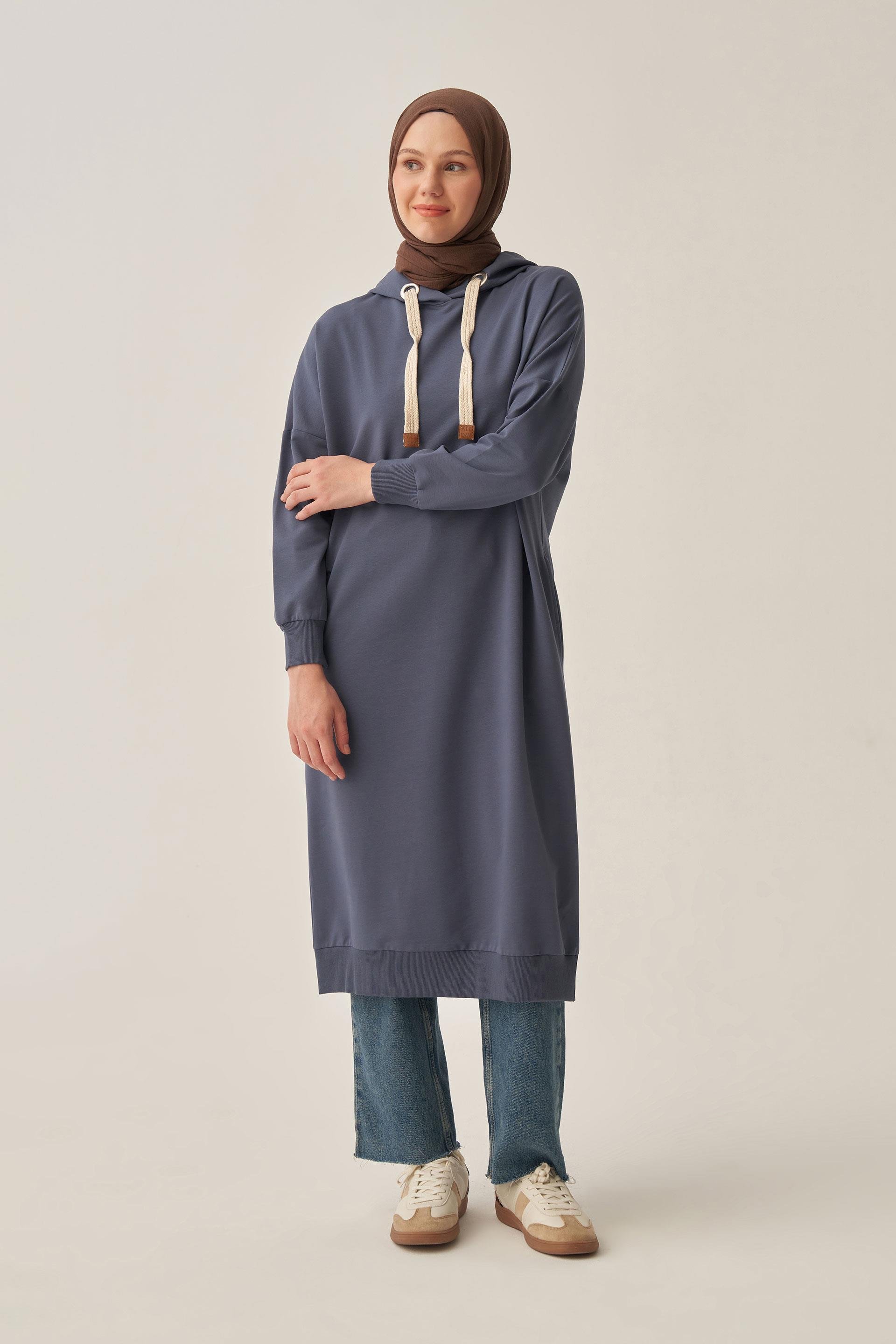 Mavi-Kuşgözlü Kapüşonlu Cepli Likralı Uzun Sweat