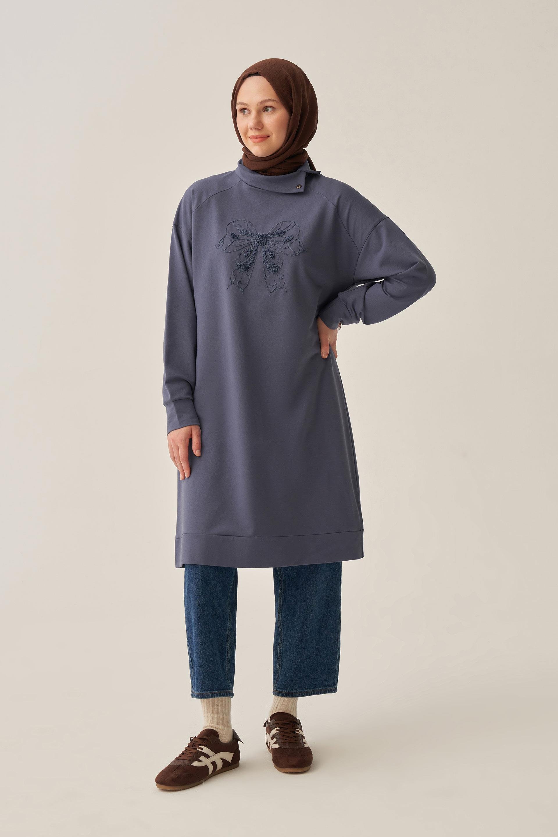 Mavi-Pamuklu Dik Yakalı Tunik