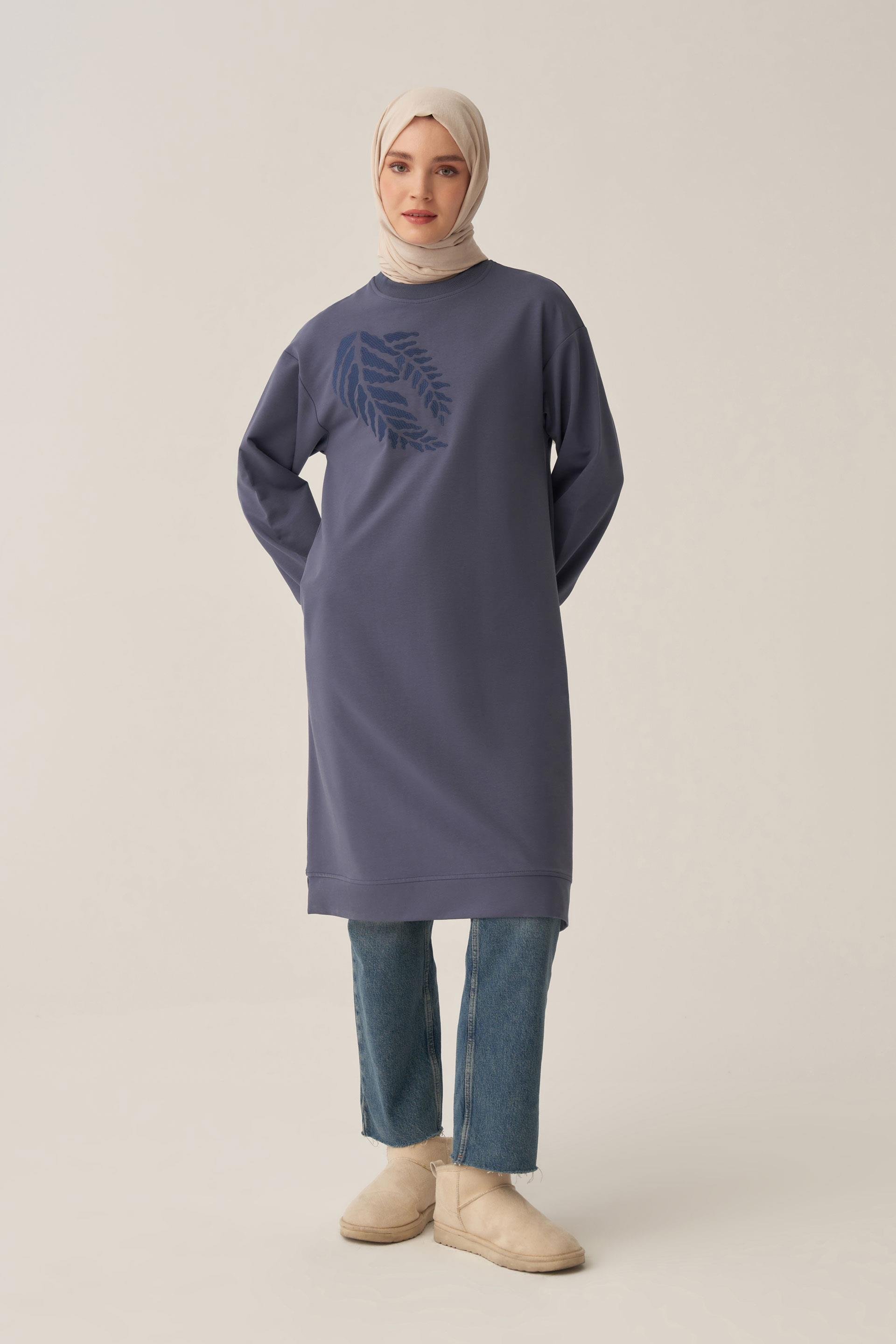 Mavi-Pamuklu Nakışlı Uzun Tunik
