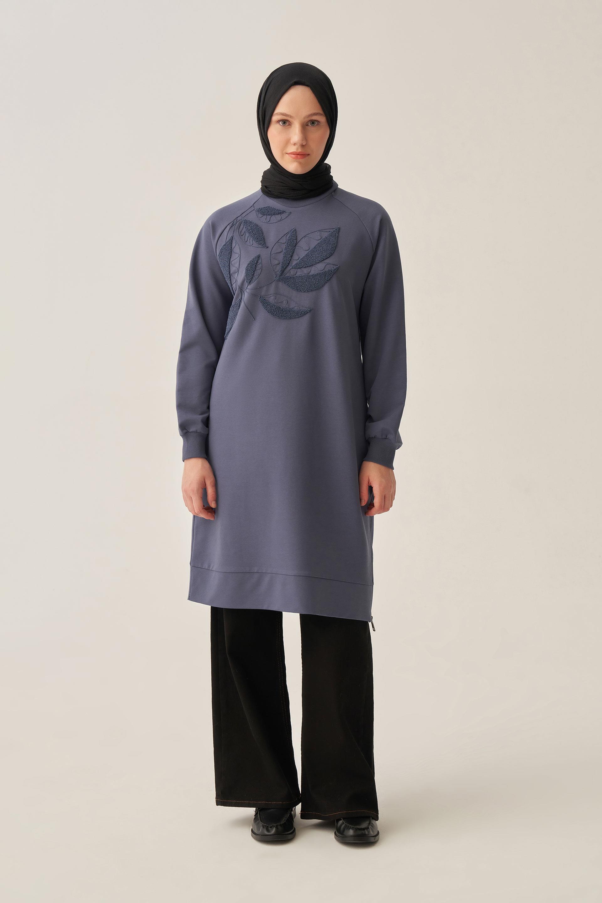 Mavi-Pamuklu Yaprak Desenli Tunik