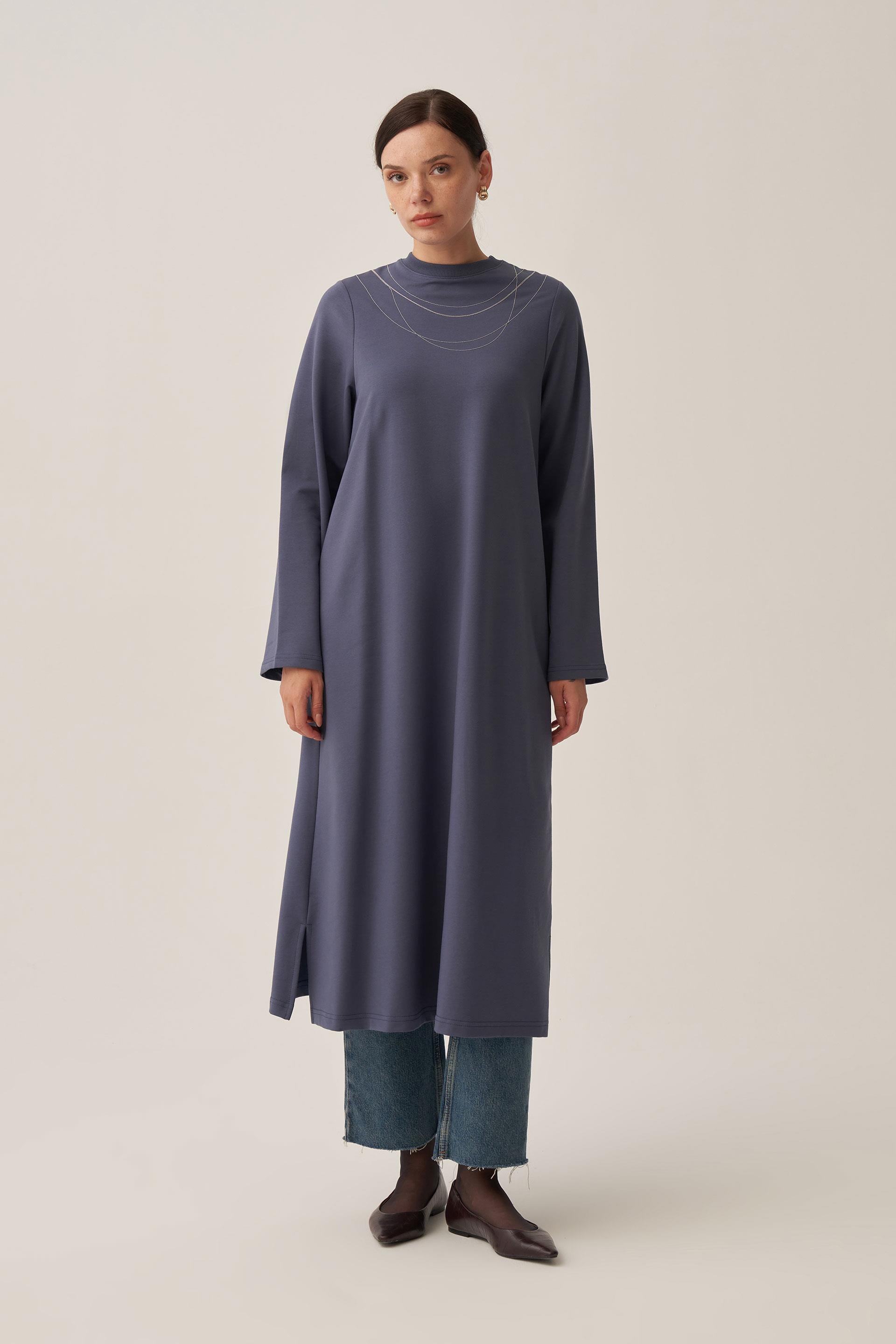 Mavi-Pamuklu Zincir İşlemeli Tunik