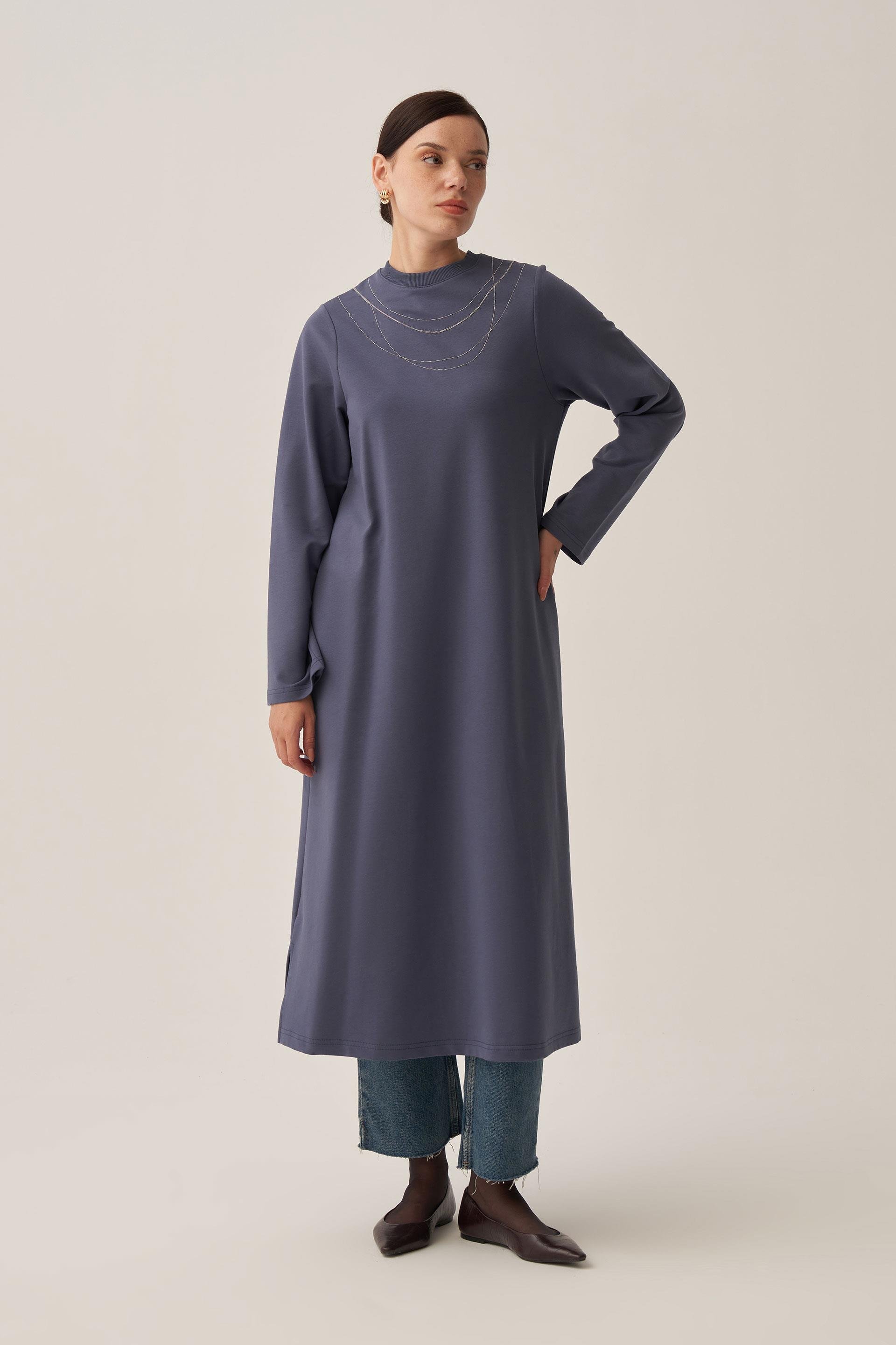 Mavi-Pamuklu Zincir İşlemeli Tunik