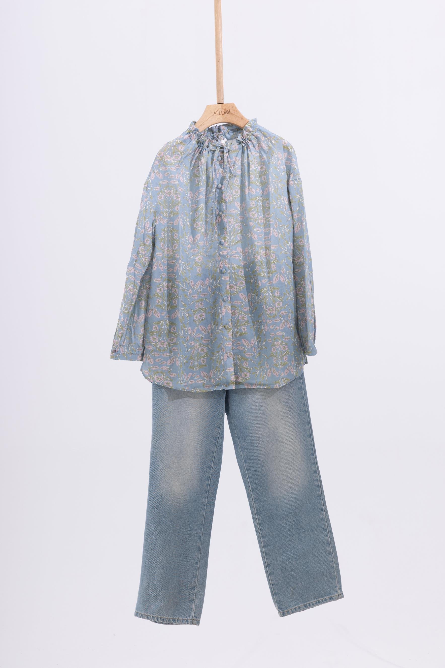 Mavi-Pembe-Yaka Büzgülü Desenli Gömlek