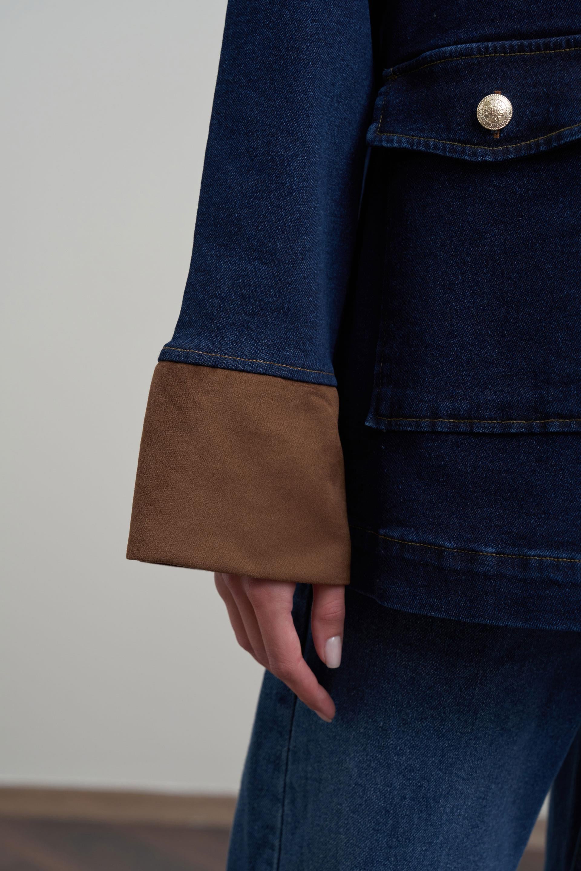 Mavi-Süet Garnili Denim Ceket