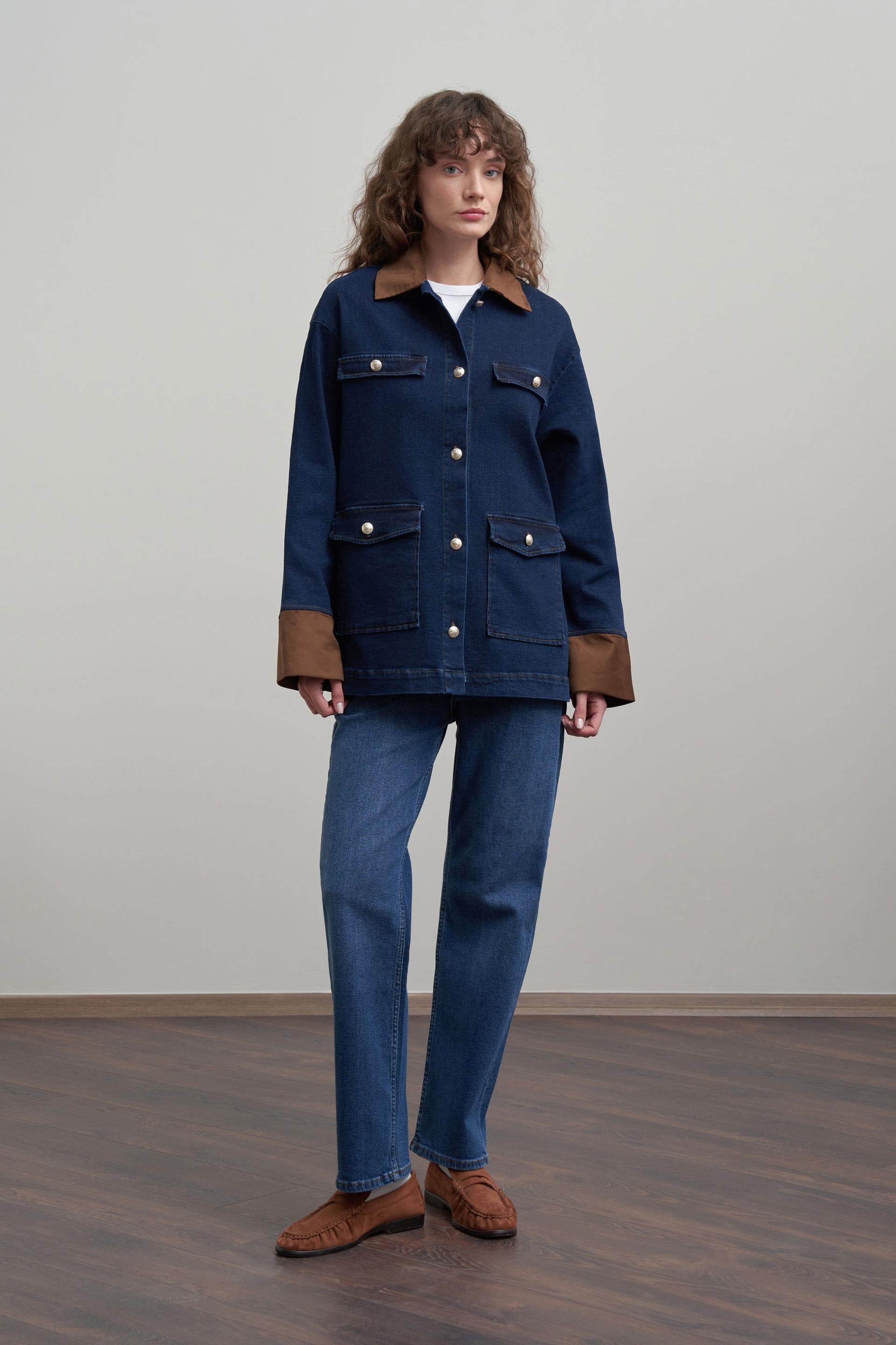 Mavi-Süet Garnili Denim Ceket