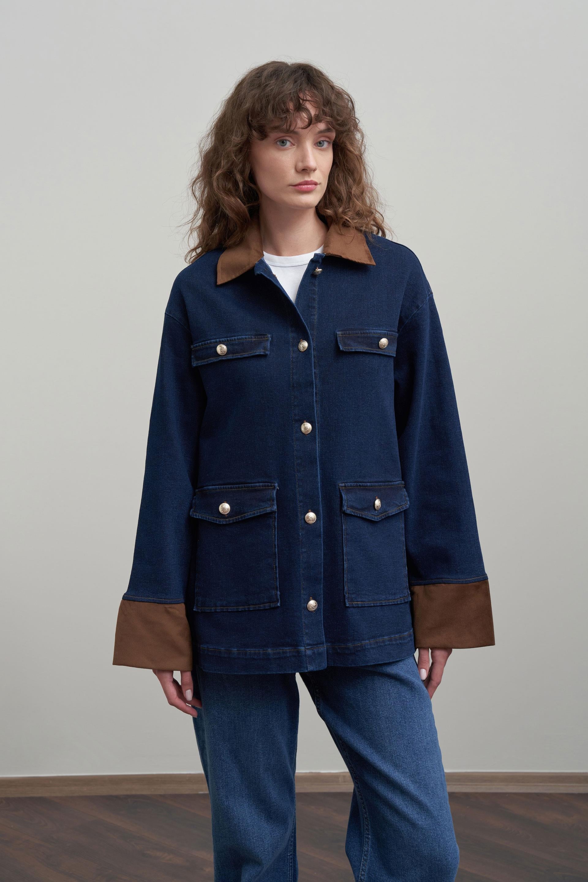 Mavi-Süet Garnili Denim Ceket