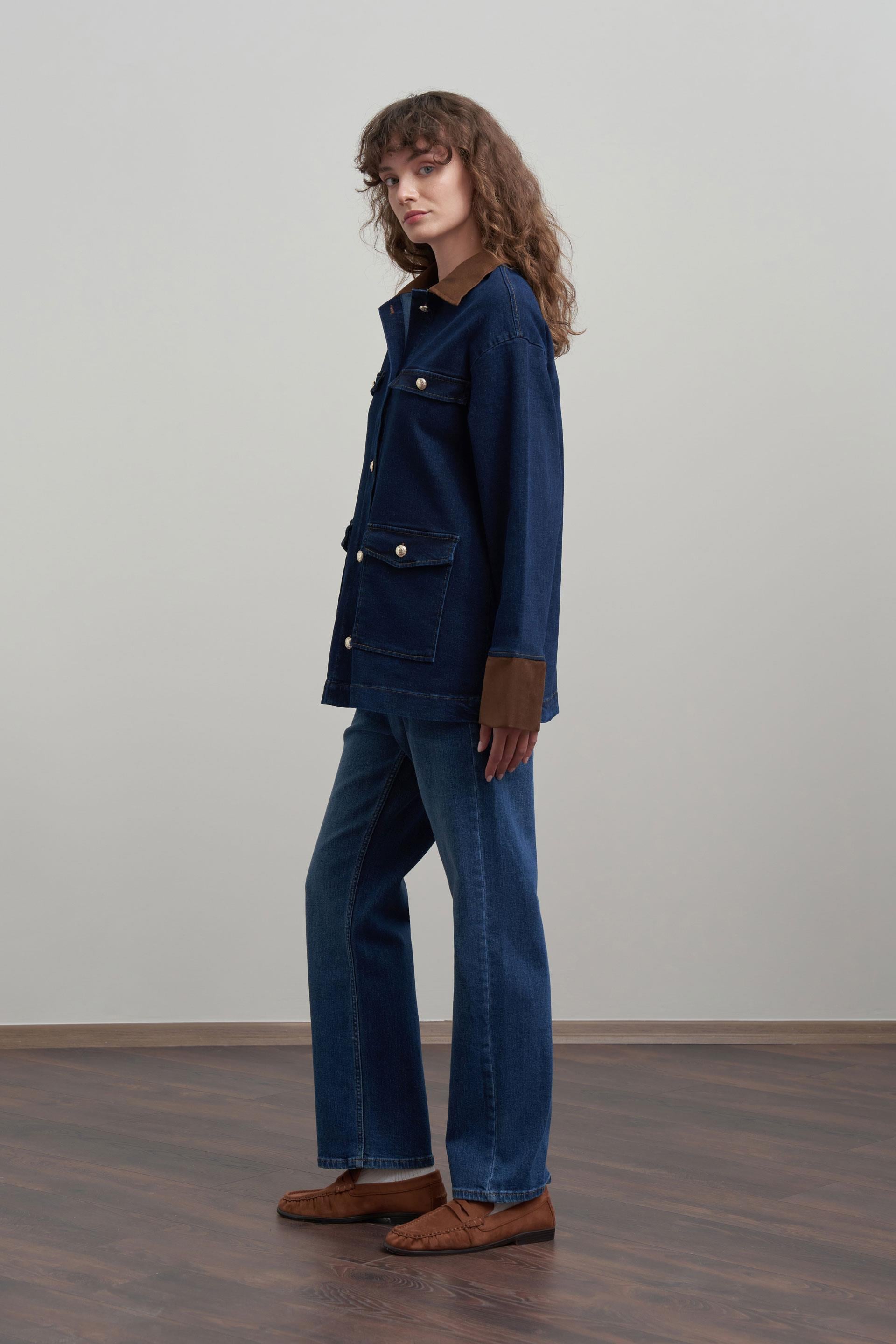 Mavi-Süet Garnili Denim Ceket