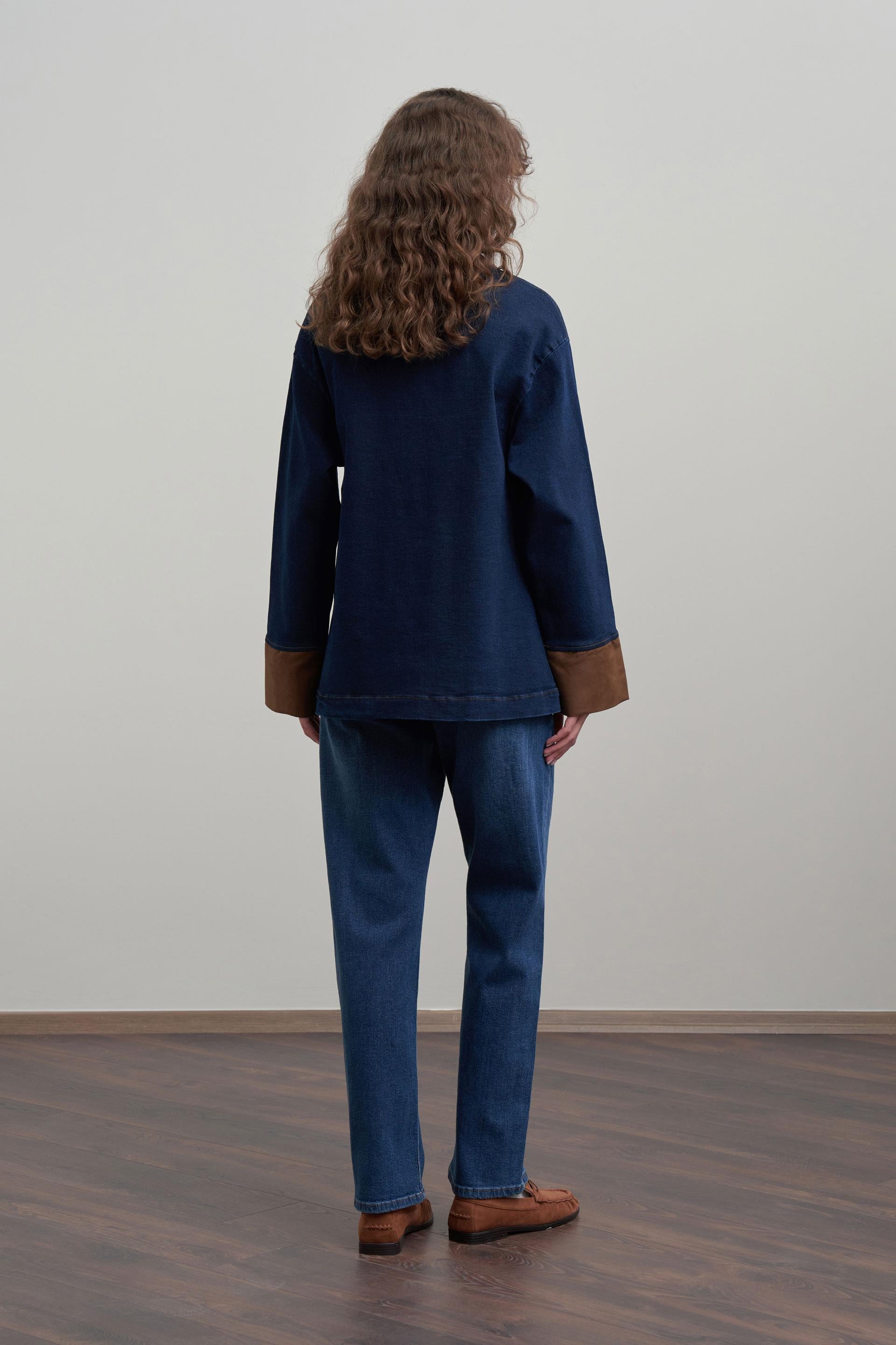 Mavi-Süet Garnili Denim Ceket