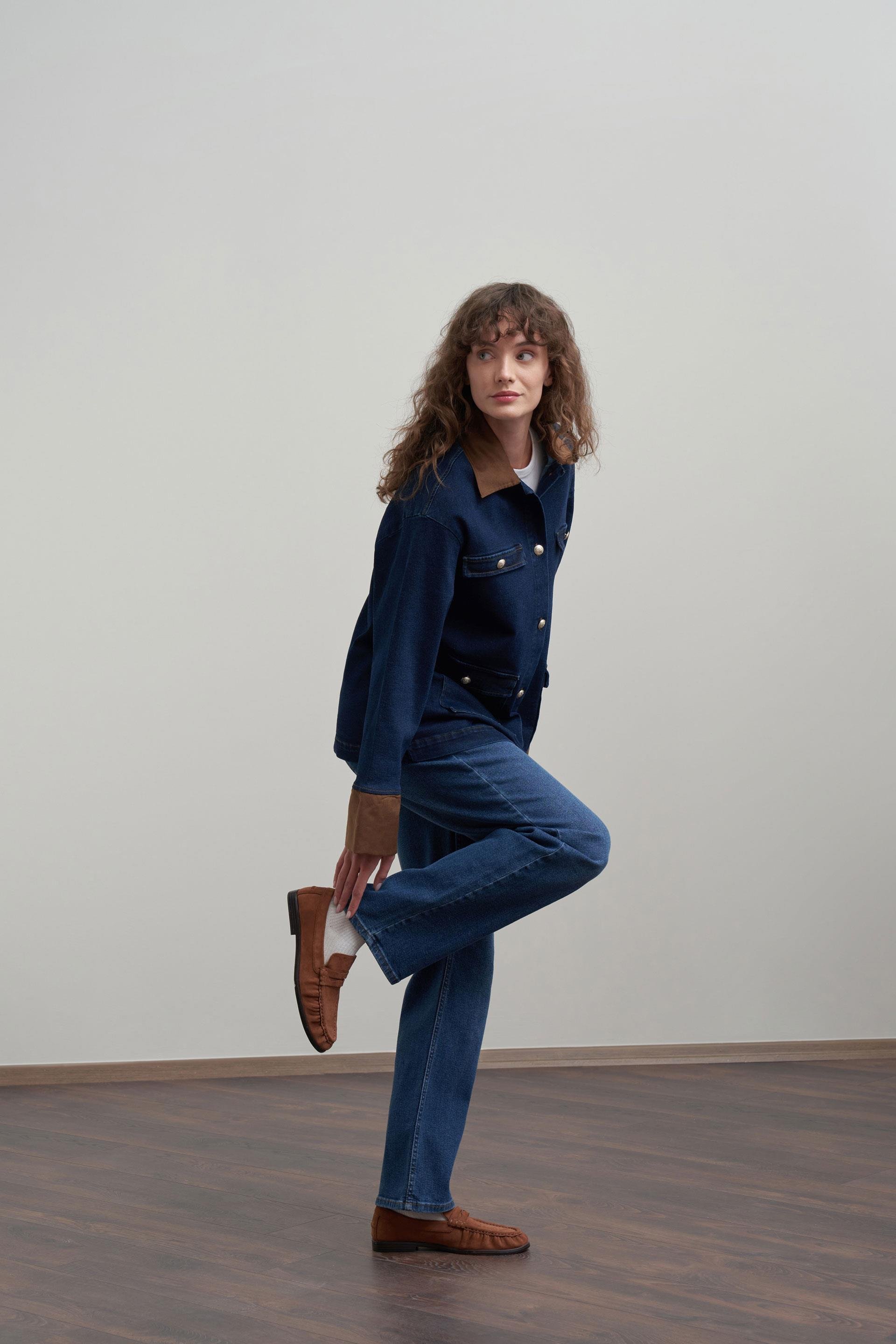 Mavi-Süet Garnili Denim Ceket