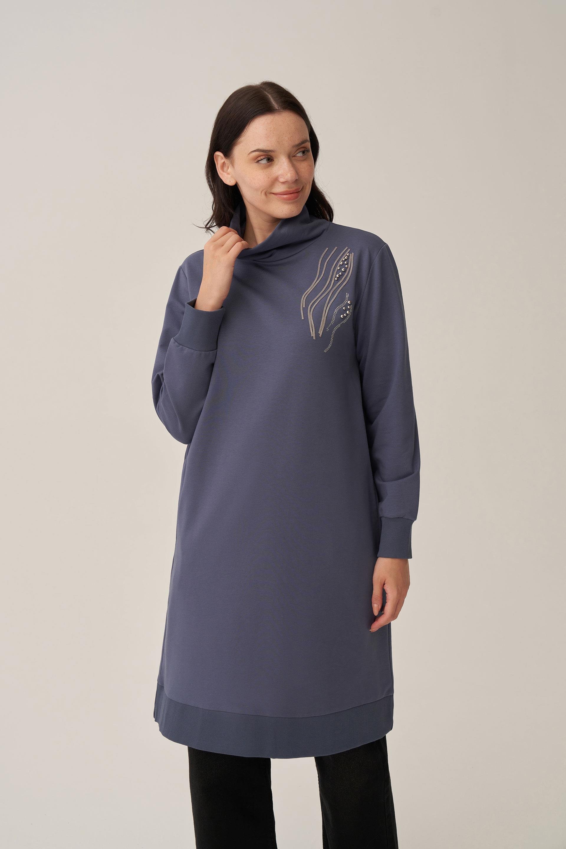 Mavi-Taş İşlemeli Pamuklu Tunik