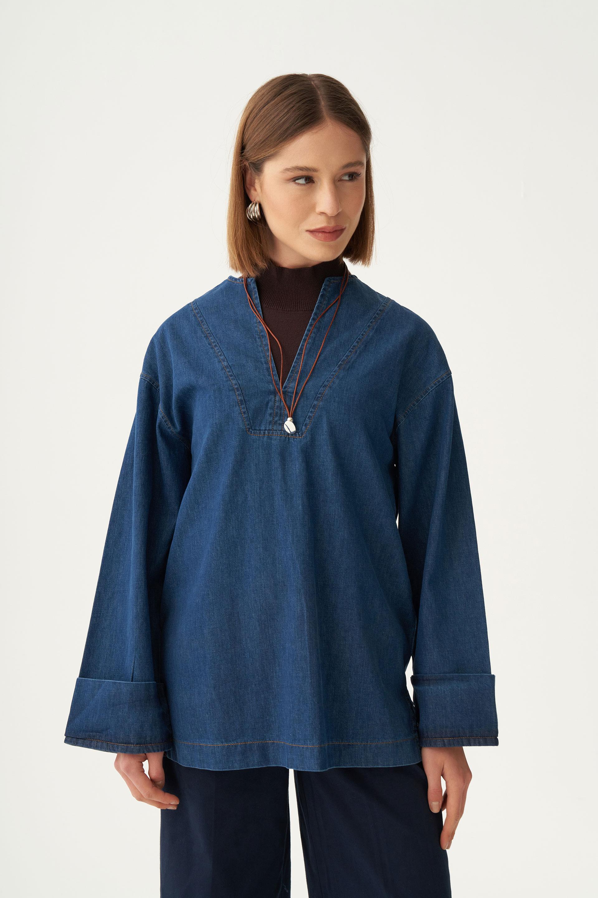 Mavi-V Yaka Denim Gömlek Tunik
