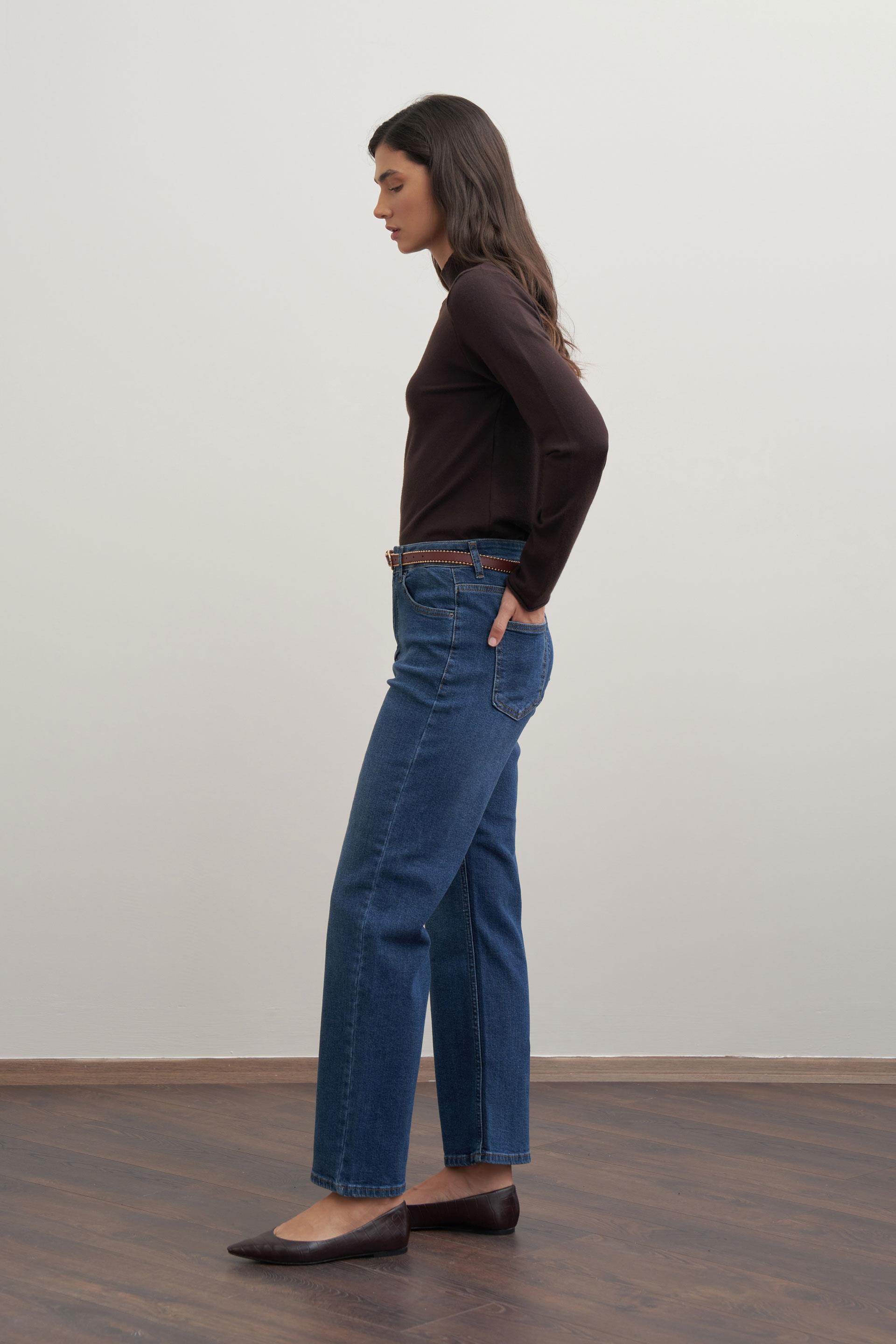 Mavi-Yüksek Bel Boru Paça Kot Pantolon