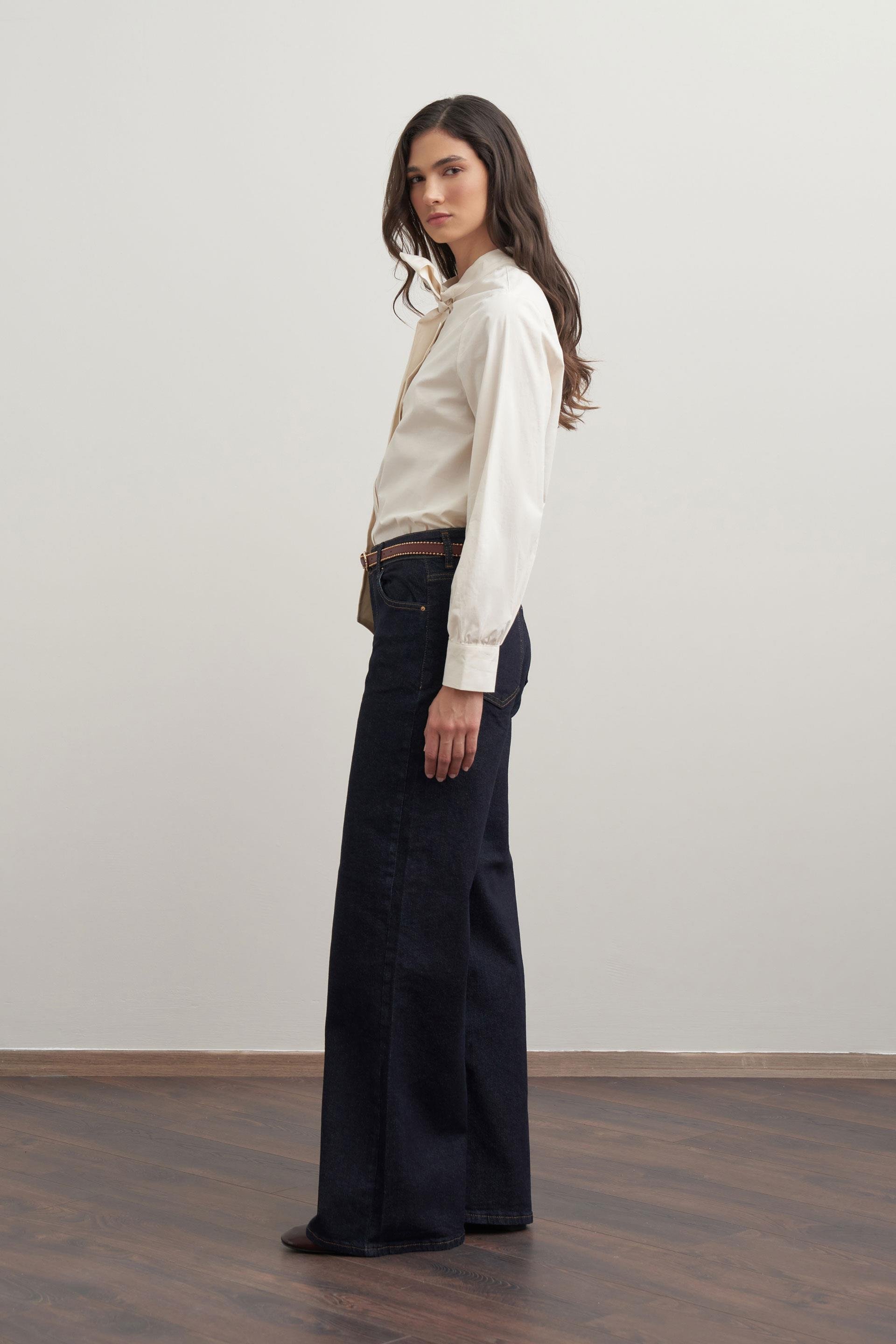 Mavi-Yüksek Bel Ekstra Geniş Paça Denim Pantolon