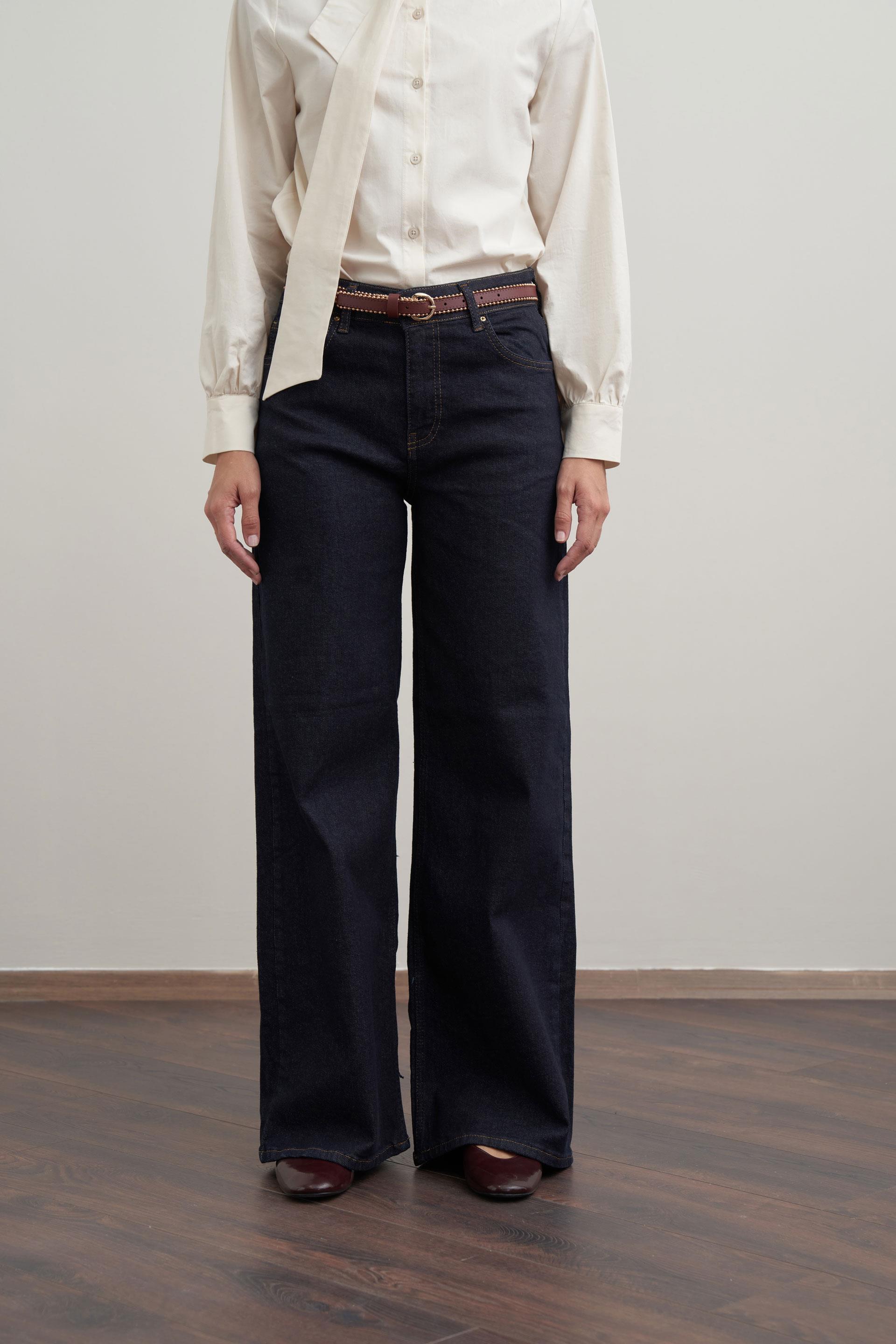 Mavi-Yüksek Bel Ekstra Geniş Paça Denim Pantolon